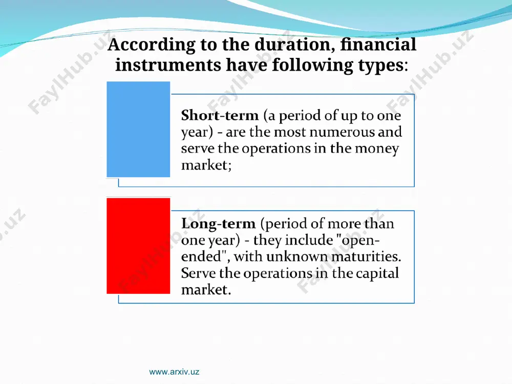 s referred to... reinvestment; quotation; repatriation; *emission. 10. according to the financial obligations of financial instruments are classified into the following types: -debt financial instruments; -equity financial instruments. *-financial instruments with no further obligations; -debt financial instruments; -equity financial instruments. -financial instruments with no further obligations; -debt financial instruments. -financial instruments with no further obligations; -equity financial instruments. www.arxiv.uz task 9. the enterprise for planned year needs to make the most optimal investment portfolio at allocation investment recourses at a rate of 300 е. according to the capital budget of the enterprise. the enterprise can participate in implementation of four investment projects: project a: investments at the beginning of the 1st year — 30 е. thus income will be gained at the end of the 3rd year at a rate of 200 е. ; project b: investments at the beginning of the 1st year — 100 е. thus the income …