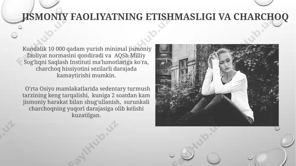 kamida 5 ta meva va sabzavot iste'mol qilmaslik, energiya darajasini pasaytirib, 30 yoshdan oshgan ayollarda o'zbekistondagi statistikaga ko'ra, jiddiy charchoq holatlarini kuchaytirishi aniqlangan. to'g'ri ovqatlanmaslik, xususan, temir va b12 vitamini kabi muhim mikroelementlarning yetishmasligi, butun dunyo bo'ylab, jumladan o'zbekistonning qishloq joylarida 20% gacha aholi orasida surunkali charchoqqa olib kelishi mumkin. stress va charchoq stress ko'p hollarda surunkali charchoq sindromiga (cfs) olib kelishi mumkin, aqshdagi tadqiqotlar shuni ko'rsatadiki, aholi sonining 24% dan ortig'i cfs alomatlarini boshdan kechirgan. jahon sog'liqni saqlash tashkiloti (jsst) ma'lumotlariga ko'ra, dunyo bo'yicha 500 milliondan ortiq odam surunkali stress bilan kurashmoqda, bu esa turli darajadagi charchoqning asosiy omili hisoblanadi. haddan tashqari jismoniy faoliyat va charchoq haddan tashqari jismoniy faoliyat, masalan, 20 km yugurishdan keyin toshkentdagi 30 yoshli odamlarda qon tarkibidagi laktat miqdorining 2 barobar oshishi kuzatilib, o'tkir charchoqni keltirib chiqarishi mumkin. uzun muddatli, yuqori intensivlikdagi jismoniy mashqlar (haftada 5 martadan ortiq, 2 soatdan ko'proq) samarqand viloyatida yashovchi sportchilarda …