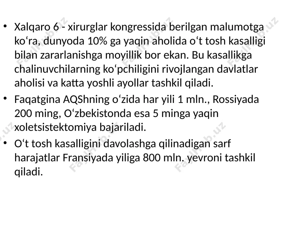 uliga doimiy ajralib turadi. sfinkter oddi qisqa-rganida - 12 barmoqli ichakka safro ajralishi to‘xtaydi. o‘t pufagi yuli orqali o‘t pufagiga quyiladi. o‘t qopi devori o‘t suyuqligidan suvni aktiv so‘rib oladi. me'dadan ovqat 12 bar-moqli ichakka tushganda xoletsistokinin garmoni ishlab chiqariladi. xoletsistokinin gormo-ni o‘t pufagining qisqa-rishini kuchli stimulyatori bo‘lib, sfinkter oddini bo‘shashtiradi. so‘ng o‘t pufagi qisqa-rib konsentratsiyalangan o‘t suyuqligi 12 barmoqli ichakka tushadi. o‘t pufagi fiziologiyasi tosh (konkrement) hosil bo‘lishining sabablari o‘t yo‘llarining infeksion yallig‘lanishi, safro tarkibida xolesterin miqdorining ortishi. modda almashinuvi jarayonining buzilishi o‘t yo‘llarida safroning dimlanishi. xolesterin o‘t kislotalari tauroxol kislotasi xolesterinli o‘t toshi qora pigmentli o‘t toshi jigarrang pigmentli o‘t toshi o‘t tosh kasalligining kechish bosqichlari 1. fizik va ximik jarayon (litogen o‘t suyuqligi) bosqichi - klinik manzara yo‘q. 2. latent (belgisiz) kechim - o‘t pufagidagi tosh bezovta qilmaydi, ular boshqa sabablarga ko‘ra tekshiruvlarda topiladi. 3. yaqqol namoyon bo‘lgan klinik manzara. o‘tkir xoletsistit, xoledoxolitiaz, fater so‘rg‘ichi stenozi, mexanik …