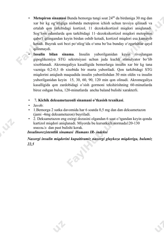 ar ekskretsiyasi uzgarmaydi. · kortikoliberin bilan sinama. kortikoliberin aktg sekretsiyasini ancha stimulyasiya qiladi. tekshirish uchun guzilardan olingan (ovechiy) kortikoliberin foydaniladi, in’eksiya xolda 1 mkg/kg dozada vena ichiga yuboriladi. qon zaprdobidagi aktg va kortizol miqdori sinama utkazguniga qadar va kortikoliberin yuborilganidan 120 minut utib aniqlanadi. bu sinama itsenko-kushing kasalligi differensial diagnostikasi uchun juda katta ahamiyatga ega. itsenko-kushing kasalligida qon zardobidagi aktg miqdori oldingi kursatkichga nisbatan 50%ga, kortizol 20% oshib ketadi, aktg-ektopiyalashgan sindromda ularning konsentratsiyasi uzgarmaydi. · metopiron sinamasi bunda bemorga tungi soat 2400 da birdaniga 30 mg dan xar bir kg og‘irligiga nisbatda metopiron ichish uchun tavsiya qilinadi va ertalab qon tarkibidagi kortizol, 11 dezoksikortizol miqdori aniqlanadi. sog‘lom odamlarda qon tarkibidagi 11–dezoksikortizol miqdori metopiron qabo‘l qilingandan keyin birdan oshib ketadi, kortizol miqdori esa kamayib ketadi. buyrak usti bezi po‘stlog‘ida o‘sma bo‘lsa bunday o‘zgarishlar qayd qilinmaydi. · insulin bilan sinama. insulin yuborilganidan keyin rivojlangan gipoglikemiya stg sekretsiyasi uchun juda kuchli stimulyator bo’lib …