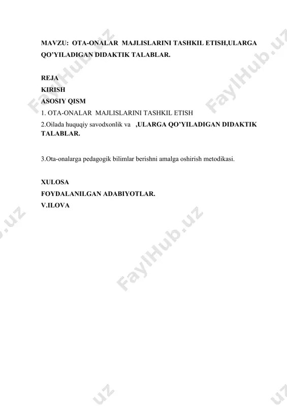 sini mustahkamlovchi yangicha munosabat maktab – ota-onalar yosh avlodning tarbiyasiga zarurdir. kurs ishining maqsadi: sinf ota-onalar majlisini tashkil qilish metodikasi ilmiy-nazariy jihatdan asoslash. kurs ishining ob’ekti: umumta’lim maktablarining boshlang’ich sinf ota-onalar majlisini tashkil qilish metodikasini o’rganish. kurs ishining predmeti: sinf ota-onalar majlisini tashkil qilish metodikasining vazifasini mazmuni,shakli, vosita va metodlari. kurs ishining vazifalari: 1.mavzuga doir tibbiy, pedagogik, psixologik adabiyotlarni taxlil qilish va umumlashtirish. 2 sinf ota-onalar majlisini tashkil qilish metodikasi orqali ijtimoiy pedagogik muammolar, farzand tarbiyasidagi o’ziga xoslikini o’rganish. 3.bo‘lajak boshlang’ich sinf o’qituvchilarini bolalar bilan ishlashga tayyorlash. 4. sinf ota-onalar majlisini tashkil qilish metodikasi orqali o’zaro ijobiy munosabatlarni shakllantirish yo’llari. tadqiqotning metodologik asoslari: o’zbekiston respublikasi konstitutsiyasi, o’zbekiston respublikasiningyangi taxrirdagi “ta’lim to’g’risida”gi qonuni, “oila kodeksi”, “oila maktab, jamoatchilik hamkorligi konsepsiyasi”, o’zbekiston respublikasi prezidenti sh.m.mirziyoyevning 2017 yil 7-fevral kungi farmoni bilan 2017-2021-yillarda o‘zbekistonni rivojlantirishning beshta ustuvor yo‘nalishi bo‘yicha harakatlar strategiyasi, prezidentning malakali kadrlar tayyorlash, ishlab chiqarishni modernizatsiyalashga doir yondashuvlari, hukumat qarorlari va …