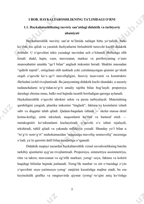 shlik milliy va umuminsoniy qadriyatlarni singdirish uchun ham keng maydon yaratadi. milliy o‘yinchoqlar, folklor obrazlari, tarixiy yodgorliklar yoki zamonaviy qahramonlarni plastik yechimda talqin etish o‘quvchini o‘z vizual merosiga yaqinlashtiradi. bunda nafaqat estetik did, balki identitet hissi ham mustahkamlanadi: obrazni yaratish jarayonida u mavzuning ma’nosini, ramziyatini va ijtimoiy kontekstini o‘ylab ko‘radi. shuningdek, tabiat mavzulari — masalan, delfin yoki sakkizoyoq — bilan ishlash ekologik ongni kuchaytiradi: shakl tuzilishini o‘rganish orqali o‘quvchi tirik mavjudotlarga nisbatan mulohazali va ehtiyotkor munosabatni egallaydi. haykaltaroshlikning amaliy afzalligi uning inkluziv potensialidadir. plastilin, loy yoki yengil kompozit massalar bilan ishlash turli ehtiyojdagi o‘quvchilarni jarayonga teng jalb etadi: katta formatli shakllar, soddalashtirilgan bosqichlar, taktil tajriba va vizual yo‘riqnomalar yordamida har kim muvaffaqiyatni his qiladi. mayda motorika bilan bog‘liq mashqlar yozish malakasiga ham ijobiy ta’sir ko‘rsatadi; fazoviy tasavvur esa matematika va texnologiya fanlarida ham qo‘l keladi. shu bois haykaltaroshlik steam integratsiyasiga ochiq: biomimetika, geometriya, mexanika va dizayn bilan kuchli ko‘priklar qurish …