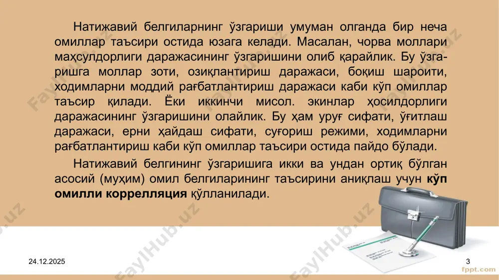 erminatsiya koeffitsienti deb ataladi. 26.10.2022 8 ko'p omilli korrelyatsiya koeffitsienti ko'p o'lchovli determinatsiya koeffitsientini kvadrat ildiz ostidan chiqarish natijasida ko'p omilli korrelyatsiya koeffitsienti hosil bo'ladi, u o'rganilayotgan omillar bilan natijaviy belgi orasidagi bog'lanishning zichlik darajasini ifodalaydi: 26.10.2022 9 xususiy determinatsiya koeffitsienti yangi xk omil ko'p o'lchovli regressiya tenglamasiga kiritilgandan so'ng uning natijaviy belgiga ta'sirini o'lchovchi shartli sof dispersiyaning shungacha shakllangan qoldiq dispersiyadagi hissasini o'lchaydi omilning xususiy determinatsiya koeffitsienti deb ataladi 26.10.2022 10 xususiy determinatsiya koeffitsientini kvadrat ildiz ostidan chiqarish natijasida xususiy korrelyatsiya koeffitsienti hosil bo'ladi: barcha kuzatilayotgan omillarni hisobga oluvchi tenglama uchun ko'p o'lchovli determinatsiya koeffitsienti: 26.10.2022 11 2. chiziqli va chiziqsiz ko'p omilli regression bog'lanishlar regression tahlil asosida tanlangan omillar asosida bog'lanish turi aniqlanadi. natijaviy ko'rsatkich y va unga ta'sir etuvchi omillar guruxi x1, x2, ......, xn bog'lanish turini umumiy ko'rinishini quyidagi funktsiya yordamida ifodalash mumkin: regression taxlil o'tkazilganda avvalo bog'lanish turi aniqlanadi va tanlangan funktsiyaning parametrlari hisoblanadi. 26.10.2022 …