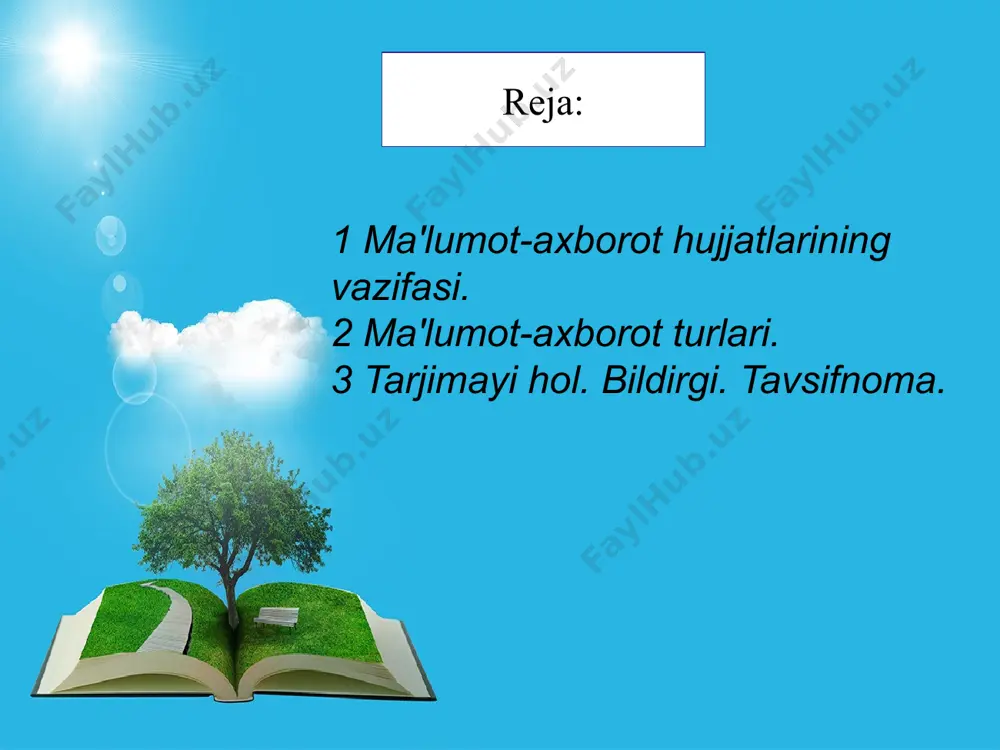 matn va imzo oralig‘idagi bo’sh joylar chiziladi. tilxatdagi yozuvlarni o‘chirish yoki tuzatish mumkin emas, aks holda, bunday hujjatning haqiqiyligi shubha ostiga olinishi mumkin. ba’zan tilxatda guvohlar ismi-sharifi ham ko‘rsatiladi. bunday hollarda guvohlar o‘z imzolari bilan hujjatni tasdiqlashlari kerak. t a v s i f n o m a ma’lum bir shaxsning mehnat va ijtimoiy faoliyati, shuningdek uning o‘ziga xos xislat va fazilatlarini aks ettiruvchi rasmiy hujjat tavsifnoma deyiladi. tavsifnoma muassasa ma’muriyati yoki jamoat tashkilotlari (agar ular mavjud bo‘lsa) tomonidan xodimga bir qancha maqsadlar uchun (o‘quv yurtiga kirishda, xorijiy mamlakatlarga ishlash va boshqa yumushlar uchun ketishda, lavozimga tayinlashda yoki shahodatlashtirish va boshqa hollarda) beriladi. tavsifnomada xodimning jamoatchilik va xizmat faoliyati, uning ishchanligi va axloqiy sifatlari ham ko‘rsatib o‘tiladi. t a v s i y a n o m a biror shaxsni ma’lum lavozimga yoki turli tashkilotlarga a’zo bo‘lish uchun tavsiya etish maqsadida tuziladigan rasmiy hujjat tavsiyanoma deyiladi. u ma’muriyat yoki alohida …