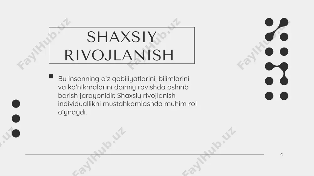 nalari jamiyatni boyitadi. madaniy turli xillik har bir insonning o‘ziga xos xususiyatlari va qobiliyatlarini tan olish muhimdir. shaxsiy rivojlanish turli xillikni qabul qilish, hurmat va hamjihatlikni oshiradi. ijtimoiy barqarorlik turli g‘oyalar birlashganda yangi yechimlar paydo bo‘ladi. ijodkorlik boshqalarning tajribalarini tushunish, ijtimoiy munosabatlarni mustahkamlaydi. empatiya va hurmat shaxsni rivojlantirishda o'z-o'zini aks ettirish kuchi 1 2 3 shaxsni rivojlantirish o'z fikrlari, his-tuyg'ulari va xatti-harakatlarini tushunish uchun o'z-o'zini aks ettirishni talab qiladi. o'z-o'zini aks ettirish odamlarga o'zlarining kuchli tomonlari, zaif tomonlari va qadriyatlarini tushunishga yordam beradi va shu bilan shaxsiy o'sishni osonlashtiradi. o'z-o'zini aks ettirish bilan shug'ullanib, odamlar yaxshilanishi kerak bo'lgan sohalarni aniqlashlari va o'zlarining xohlagan shaxsiyatini rivojlantirish uchun qasddan o'zgartirishlar kiritishlari mumkin. shaxsiy imidjingizni shakllantirish uchun eng mos keladigan uslub va ranglarni tanlang, turli fon va qatlamlarni sozlang va animator panelidan foydalanib uni jonlantiring. bu sizning taqdimotingizga o'ziga xoslik va kuch bag'ishlaydi. storyset jamoaviylik va hamkorlik samimiyat va do'stlik texnologiyaga ochiqlik ishonch …