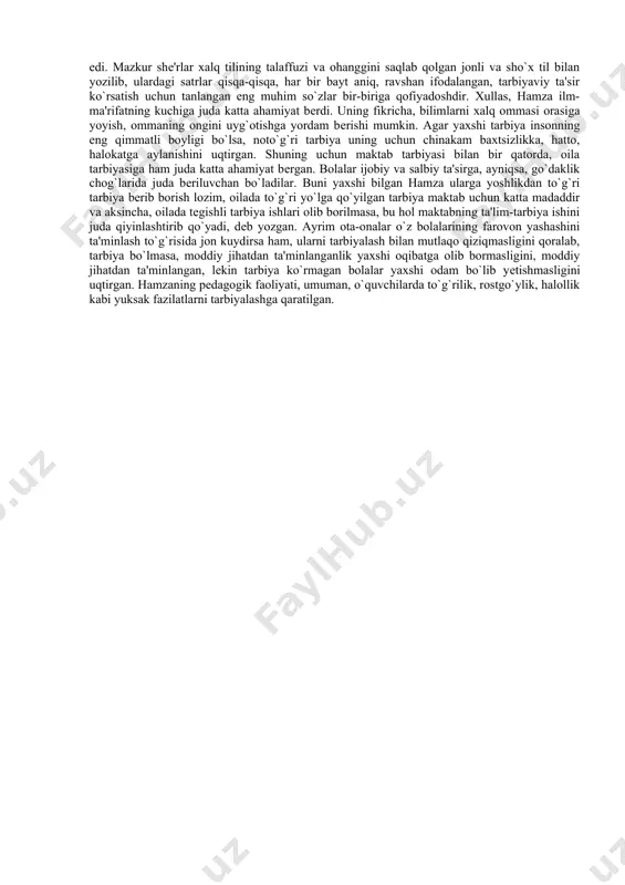 bo`lib, uylariga kelgan mehmonning puli yo`qoladi. u pulni hech biri oldim demaydi, ko`rganim yo`q deydi. shunda ota bolalarni tergash befoydaligini anglab, hiyla ishlatishga majbur bo`ladi: tort bolasini ham bir uyga qamab, oldiga qora kuya qo`yadi va deydi: kimki rost esa gar so`zi, qora bo`lur o`zicha ikki yuzi; kimni agar yolg`on erursa so`zi, bor-yo`g`i qora bo`lur o`ng yuzi. bolalarning kattasi pulni olganligi uchun bu hiylani tushunmay, o`ng yuzim o`zicha qora bo`lsa, chap yuzimni o`zim qora qilay, deb kuyani surkaydi. ota bolalarni tashqariga chiqarganida kattasining chap yuzi qoraligini ko`radi, qolganlarining yuzi esa oq bo`ladi. shunda kimning o`g`ri ekanligi bilinib, xolaning puli qaytib beriladi. shu tufayli bu fe`lini tashlagan bolani shoir yosh kitobxonlarga ibrat qilib ko`rsatar ekan, qissadan hissa tariqasida: kimi bo`yla xiyonat qilur, bir kuni o`zini shuyla xijolat qilur, deb ta`kidlaydi. h.h.niyoziyning mevalar mojarosi turkumidagi she`rlari ham bolalarbopligi bilan diqqatni tortadi. unda bolalarga xos xarakter xususiyatlar, chunonchi,maqtanchoqlik, baxillik, manmanlik, chaqmachaqarlik, mushtumzo`rlik odatlari …