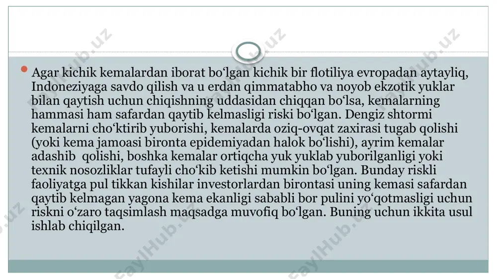 ha sonini hisobladi va ushbu statistik ma’lumotlardan sug‘urta mukofotini hisoblashda foydalandi. sug‘urta tarixida uning ushbu izlanishlari hayot sug‘urtasi tashkilotlarida ilmiy yondashuvning tadbiq etilishida asos vazifasini bajargan deb hisoblanadi. 1740 yilda birinchi ixtisoslashtirilgan sug‘urta kompaniyasi “ishonchli hayot jamiyati” tashkil qilindi, 1762 yilda esa aktuar hisob –kitoblardan va to‘lov va badallarning qattiq yo’lga qo‘yilgan tartibidan foydalanuvchi birinchi tijorat sug‘urta kompaniyasi adolatli hayot sug‘urta jamiyati paydo bo‘ldi.aynan shu erda ijtimoiy risklar sohasidagi sug‘urta biznesining uzoq tizimli rivojanishi uchun asoslar yaratildi. rossiyada hayot sug‘urtasi biroz keyinroq vujudga keldi. xviii asr oxirlarida davlat buyrug‘i bo‘yicha ruscha negizda sug‘urta munosabatlarini joriy qilishga urinish boshlandi. 1771 yilda yagona g‘azna to‘g‘risida qonun qabul qilindi. unga ko‘ra bu tashkilot davlat hayot sug‘urtasi bo‘yicha ko‘rsatmalar berishi zarur bo‘lgan, ammo bu amaliyotda o‘z tasdig‘ini topmagan. faqatgina 1860 yilga kelib birinchi o‘zaro shaxsiy sug‘urta tashkiloti paydo bo‘ldi. bu buyurtmachilar, tipografik va hunarmand ishchilarning o‘zaro sug‘urta jamiyati hisoblangan. davriy sug‘urta to‘lovlarini to‘lash orqali …