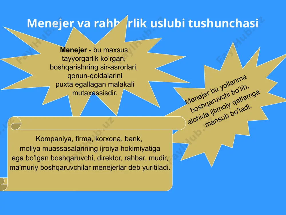 ’ziga bo’ysunuvchilarning harakatlarini keskin ravishda tanqid qilishni yaxshi ko’radi; muttasil buyruq berishga hammani o’z istaklariga so’zsiz bo’ysundirishga intiladi; ko’p gapirishni yoqtirmaydi, lekin bo’ysinuvchilari bilan muomalada bo’lganda uning rahbarlik g’ururi balandligi, o’zini katta tutishi sezilib turadi; o’ziga bo’ysinuvchilari oldida qovog’i solingan kayfiyatda bo’ladi. xullas avtokratik rahbar, o’ziga bino qo’ygan, dimog’dor, o’z qobiliyati va imkoniyatlariga ortiqcha ishonadigan, hukmini o’tkazishga intiladigan kishilarda etishib chiqadi. bunday rahbar nazoratdan chetda qolsa, o’sha erda dag’allik, takabburlik, tazyiq o’tkazish, majbur qilish kabi o’ta salbiy holatlar avj uradi. biroq avtokratik boshqaruv usulini har jihatdan yomon deb bo’lmaydi. ba'zi bir hollarda bo’ysinuvchilarning madaniy darajasi, ahloqi pastligi sababli avtokratik uslubni tanlab olish ham ish berib qolishi mumkin. 2. liberal rahbar bunday turdagi rahbar: irodasiz, tashabbussiz bo’ladi; o’z zimmasiga ma'suliyat olishni yoqtirmaydi; ishni o’z holiga tashlab qo’yadi; idoraga nisbatan qat'iy bo’lishdan hayiqadi; o’zini haddan tashqari ehtiyot qiladi; biron xodim bilan ham aloqani buzishni istamaydi; talabchan emas, sust nazorat qiladi. 3. demokratik …