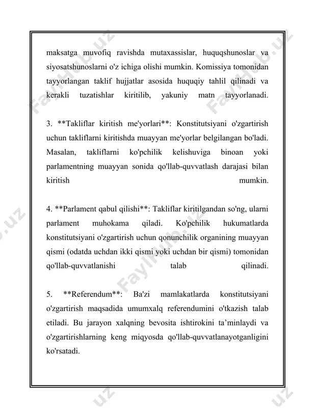 ishlar jamoatchilik tomonidan referndum orqali tasdiqlanishi ham mumkin. agar qo'llab-quvvatlanadigan ovozlar yetarli bo'lsa, loyiha rasman qabul qilinadi va kuchga kiradi. beshinchi bosqich – qabul qilingan konstitutsiyaviy o'zgartirishlarni amalga oshirish. bu jarayon yangi qonunlarni qabul qilish, mavjud qonunlarni o'zgartirish va davlat idoralarining faoliyatini yangi talablar asosida qayta tashkil etishni o'z ichiga oladi. o'zgartirishlarning samaradorligini ta'minlash uchun ularning bajarilishi ustidan muntazam nazorat olib boriladi. konstitutsiyaviy o'zgartirishlar loyihasi tayyorlash jarayonida ko'p miqdorda inson resurslari va boshqa manbalar safarbar etiladi. loyihani muvaffaqiyatli yakunlash uchun tahliliy materiallar, ekspertlash xulosalari va jamoatchilik fikrlari keng o'rganilib, tahlil qilinadi. yevropada xavfsizlik va hamkorlik tashkiloti (yxxht) va boshqa xalqaro tashkilotlarning ekspertlari ham qimmatli tavsiyalar berishadi. yuqoridagi bosqichlar fuqarolarni ishonchli davlat boshqaruviga jalb etish, fuqarolik jamiyati institutlarini mustahkamlash va jamiyatdagi turli toifalar o'rtasida ishonchni mustahkamlashga ko'maklashadi. bular konstitutsiyaviy o'zgartirishlar loyihasining asosiy maqsadlari hisoblanadi. bugungi kunda ko'plab davlatlar rivojlanish strategiyasini amalga oshirishda ushbu jarayonlarga alohida e'tibor qaratmoqda. 3. o'zgartirishlarni parlamentda muhokama …