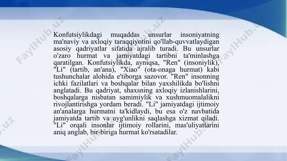 n'ana) tushunchasi orqali ifodalanadi. "li" jamiyatda axloqiy va ijtimoiy munosabatlarni tartibga soladi, odob-axloq qoidalariga rioya qilishni ta'minlaydi va shaxsning o'zaro munosabatlarida izchil bo'lishini rag'batlantiradi. "li"ga amal qilish, o'z navbatida, jamiyatda to'g'ri ijtimoiy tartibni va boshqalar bilan hurmatli aloqalarni o'rnatishga xizmat qiladi. muqaddaslik, konfutsiylikda, ko'proq ichki fazilatlar va ma'naviy yuksalishga qaratilgan. "ren" (insoniylik) va "xiao" (ota-onaga hurmat) kabi tushunchalar muqaddaslikning asosiy unsurlaridir. "ren" insonning boshqa insonlarga nisbatan rahm-shafqatli bo'lishini, xushmuomalalikni va o'zaro hurmatni rivojlantirishni taqozo etadi. "xiao" esa oila, ota-ona va kattalarga hurmatni anglatadi, bu esa jamiyatda muqaddaslikni va axloqiy ustunlikni saqlashni ta'minlaydi. ijtimoiy tartib va muqaddaslik o'rtasidagi aloqaning markaziy elementi – insonning axloqiy mas'uliyati. konfutsiylikda, shaxs o'zining jamiyatdagi o'rnini aniq anglab, o'ziga va boshqalarga hurmat ko'rsatishi kerak. bu, nafaqat o'zining ichki fazilatlarini rivojlantirish, balki jamiyatda ijtimoiy tinchlik va barqarorlikni saqlashga yordam beradi. shuningdek, ijtimoiy tartibni saqlashda muqaddaslikni hurmat qilish, jamiyatdagi o'zaro aloqalarni mustahkamlashga xizmat qiladi. konfutsiylikda ijtimoiy tartib va muqaddaslik …