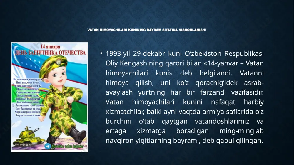 oyishtaligini ishonchli himoya qilish, vatanparvar bo‘lish, sodiqlik, fidoyilik tuyg‘ularini xis etib yashayotgan yoshlarimiz mustaqil yurtimizning kelajagidir. biz qo‘lga kiritgan bunday yutuqlar bilan muqaddas yurtimizda yashayotgan, millati, dini va e'tiqodidan qat'i nazar, har bir inson haqli ravishda faxrlansa arziydi. etiboringiz uchun rahmat! image2.png image3.png image4.png image5.png image6.png image7.png image8.png image9.png image10.png image11.png image12.png image13.png image14.png image15.png image16.png /docprops/thumbnail.jpeg