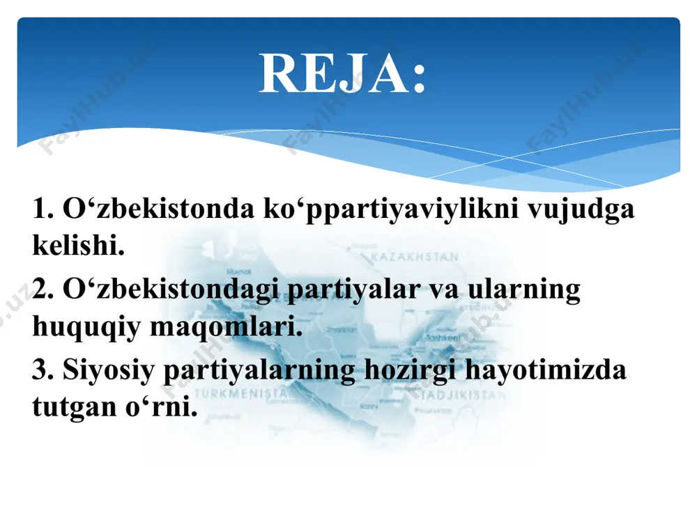 iyosat subhektlari ishtirok etadi. bu ishtirokchilar orasida eng ko’zga ko’rinarli o’rinlardan birini siyosiy partiyalar egallaydi. bugungi rivojlangan dunyoda siyosiy partiya mavjud bo’lmagan davlat borligini tasavvur qilish mushkul, deyarli barcha davlatlarda ikki yoki ko’ppartiyaviy tizim mavjud. tsivilizatsiyaning eng muxim yutuqlaridan bo’lmish siyosiy partiyalar ijtimoiy xayotdagi demokratiya va barqarorlikni tahminlashda asosiy omillardan biri bo’lib, u ijtimoiy tashkilotlar orasida eng siyosiylashgan tashkilotdir. ko’ppartiyaviylik tizimi o‘zbekistondagi siyosiy partiyalar oʻzbekiston xalq demokratik partiyasi oʻzbekiston „adolat“ sotsial demokratik partiyasi oʻzbekiston milliy tiklanish demokratik partiyasi oʻzbekiston ekologik partiyasi oʻzbekiston liberal-demokratik partiyasi oʻzbekiston respublikasi mustaqil boʻlganidan soʻng siyosiy partiyalarning shakllanishi va faoliyat olib borishiga imkoniyat yaratildi. mamlakatda hozirgi paytda 5 ta siyosiy partiya (oʻzbekiston xalq demokratik partiyasi, oʻzbekiston „adolat“ sotsial demokratik partiyasi, oʻzbekiston milliy tiklanish demokratik partiyasi, oʻzbekiston liberal-demokratik partiyasi, oʻzbekiston ekologik partiyasi) mavjud. o‘zbekistondagi siyosiy partiyalar „siyosiy partiya" tushunchasining lug’aviy mahnosi nima, uning paydo bo’lishi va keyingi tarixi qaysi davrlarga borib taqaladi degan savol tug’ilishi tabiiy. darxaqikat, …
