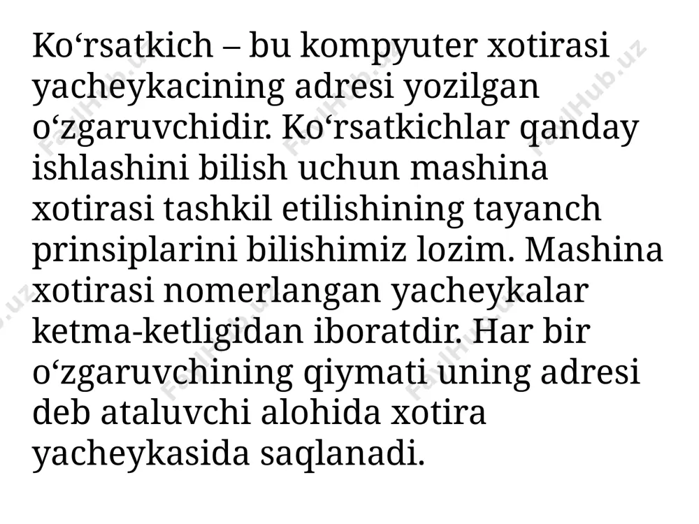 ilingan lokal o’zgaruvchilarning farqi shundaki ularning yashash vaqti global o’zgaruvchi sifatida e’lon qilingan ifodalarning yashash vaqti bilan mos keladi ya’ni bir xildir. global o’zgaruvchisidan farqi esa ularning ko’rinish (ishlatilish) sohasining ular aniqlangan bloklar bilan chegaralanganligidadir. quyidagi misolda – generator – funksiya keltirlgan. u har bir yangi chaqiruvda yangi qiymat qaytaradi agar yuqoridagi dasturda static kalit so’zi ishlatilmaganda, funksiyani har bir chaqiruvida counter lokal o’zgaruvchisi qaytadan yaratilgan, o'rnatilgan va funksiya yakunida o’chirilgan bo’lar edi. statik o’zgaruvchi faqatgina konstanta (o’zgarmas) sifatida e’lon qilinadi. masalan u funksiya chaqiruvi sifatida e’lon qilinishi mumkin emas: ... static double x = foo(3); //xatolik ... statik shaklda e’lon qilingan o’zgaruvchi shu dasturdagi ko’rinish sohasi bo’yicha yagona ekzemplyar bo’lshi lozim. statik shaklda e’lon qilingan global o’zgaruvchi faqat o’zining faylidagina ishlaydi ya’ni ko’rinadi. extern shaklida e’lon qilingan o’zgaruvchi statikdan farqli o’laroq boshqa dastur fayllarida ham ko’rinishi va ishlatilishi mumkin va unda bu o’zgaruvchi e’lon qilingan bo’lishi lozim. extern global …