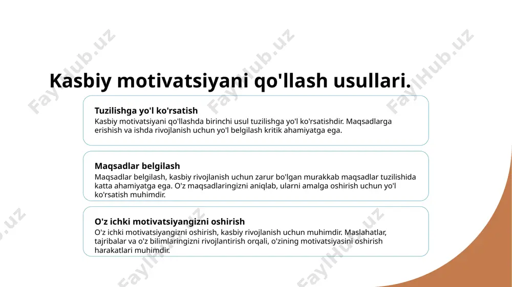 sadlar uchun yo'lni belgilaganingizda, amalga oshirishni boshlash va har kuni qadam qo'ymoq muhimdir. sabr, ishonch va ishlanish bu yo'llarni boshlashda muhim ahamiyatga ega. xulosa kasbiy motivatsiya: asosiy ko'rsatuvlar kasbiy motivatsiya: yondashuv va ishonch kasbiy maqsadlarga erishishning yollarini tahlil qilish kasbiy motivatsiya muhimdir, chunki u insonlarni maqsadlarga yo'naltiradi va ularni kuchli qiladi. arzular, yondashuv, va ishonch bu asosiy ko'rsatuvlar hisoblanadi. yondashuv va ishonch kasbiy motivatsiyaning yaratilishi uchun muhim omillar hisoblanadi. insonlarning maqsadlarga erishish uchun yutuqlariga erishishlariga yordam beradi. kasbiy maqsadlarga erishishning yollarini tahlil qilish, insonlarga o'zlarini rivojlantirish va kengaytirish uchun kerakli yo'llarni aniqlashda yordam beradi. bu, kariyer muvaffaqiyatini ta'minlashda juda muhimdir. e'tiboringiz uchun rahmat! image1.jpg image2.jpg image3.jpg image4.jpg image5.jpg /docprops/thumbnail.jpeg