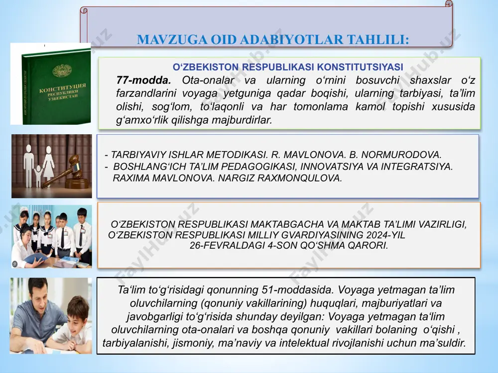 rvarlik” sinflari tashkil qilib, shu sinflarga aynan ko‘p dars qoldiradigan o‘quvchilarni jalb qilish samarali natija beradi. t a k l i f l a r o‘quvchilarning darsda muntazam ishtirokini ta’minlash, ularni bo‘sh vaqtlarini mazmunli o‘tkazishlari uchun to‘garak va qiziqarli klublarni ko‘paytirish, ushbu jarayonga ota-onalar va hududdagi faol fuqarolarni keng jalb qilish mumkin. maktabda ko‘p dars qoldiradigan o‘quvchilarning ota-onalari yoki qonuniy vakillari o‘rtasida “farzandim taqdiriga befarq emasman” shiori ostida tadbirlar o‘tkazish. ota-onalar maktabga moddiy tomondan yordam bermasa ham, farzandining ta’limiga va tarbiyasiga maktab kabi xayrixoh bo‘lsalar, hamkorlik tizimi o‘z samarasini beradi. 11 t/r muammo muammoning amalga oshirish mexanizmi mas’ullar muddati natija 1 maktabda ko‘p dars qoldiradigan o‘quvchilarning oilaviy muhitini o‘rganish. muammolarni aniqlash, maqsad qo‘yish, reja tuzish, amalga oshirish choralarini ishlab chiqish maktab ma’muriyati, mahalla, kuzatuv kengashi a’zolari o‘quv yili boshida ishlarning tizimli yo‘lga qo‘yilishiga asos solinadi 2 o‘quvchilarning qiziqishlaridan kelib chiqqan holda qiziqarli, ijodiy to‘garaklar va sport to‘garaklari tashkil qilish. to‘garaklarni …