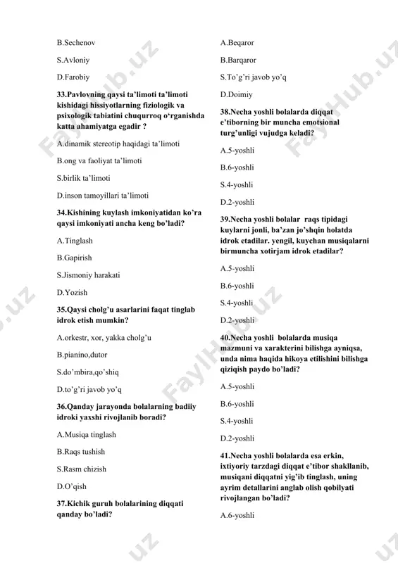 47.maktabgacha ta’lim tashkilotida musiqa madaniyatining elementar asosini singdirishda bolalarning qaysi xususiyatini alohida nazarda tutish kerak? a.yoshini b.rivojlanishini s.ruhiyatini d.tarbiyasini 48. musiqa savodining ahamiyati va vazifalari maktabgacha ta’lim muassasasida va oilada olib boriladigan barcha tarbiyaviy ishlar, bu oliyjanob fazilatlarni yosh avlodda qaysi yoshidan boshlab shakllantirish bog’liq. a.maktabgacha b.maktab s.o’rta maktab d.katta maktab 49.musiqa savodini o’rganish qaysi yoshdan boshlanadi? a.maktabgacha b.maktab s.o’rta maktab d.katta maktab 50. musiqa ta’limini shartli ravishda necha bosqichga bo’lish mumkin? a.2 b.4 s.3 d.1 51.musiqa ta’limi bosqichlari qaysilar? a.tayyorlov va nota yozuvini o’rganish b.tayyorlov va kirish s.kirish va asosiy d.asosiy va yordamchi 52. mtm sharoitidagi musiqaviy tarbiya nimalar bilan uzviy bog’langan holda amalga oshiriladi? a.badiiy adabiyot va tasviriy san’at b.tasviriy san’at va matematika s.raqs va adabiyot d.tarbiya va san’at 53. mtmda olib boriladigan musiqa tarbiyasining asosiy maqsad va vazifalari nechta? a.7 ta b.5 ta s.6 ta d.2 ta 54.qaysi faoliyatida musiqiy tafakkur, tasavvur va musiqiy dunyoqarash shakllanadi? a.musiqa …
