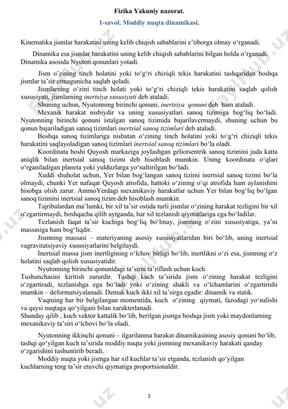di. koordinata boshi quyosh markaziga joylashgan geliotsentrik sanoq tizimini juda katta aniqlik bilan inertsial sanoq tizimi deb hisoblash mumkin. uning koordinata o‘qlari o‘rganiladigan planeta yoki yulduzlarga yo‘naltirilgan bo‘ladi. xuddi shuholat uchun, yer bilan bog‘langan sanoq tizimi inertsial sanoq tizimi bo‘la olmaydi, chunki yer nafaqat quyosh atrofida, hattoki o‘zining o‘qi atrofida ham aylanishini hisobga olish zarur. ammoyerdagi mexanikaviy harakatlar uchun yer bilan bog‘liq bo‘lgan sanoq tizimini inertsial sanoq tizim deb hisoblash mumkin. tajribalardan ma’lumki, bir xil ta’sir ostida turli jismlar o‘zining harakat tezligini bir xil o‘zgartirmaydi, boshqacha qilib aytganda, har xil tezlanish qiymatlariga ega bo‘ladilar. tezlanish faqat ta’sir kuchiga bog‘liq bo‘lmay, jismning o‘zini xususiyatiga, ya’ni massasiga ham bog‘liqdir. jismning massasi – materiyaning asosiy xususiyatlaridan biri bo‘lib, uning inertsial vagravitatsiyaviy xususiyatlarini belgilaydi. inertsial massa jism inertligining o‘lchov birligi bo‘lib, inertlikni o‘zi esa, jismning o‘z holatini saqlab qolish xususiyatidir. nyutonning birinchi qonunidagi ta’sirni ta’riflash uchun kuch tushunchasini kiritish zarurdir. tashqi kuch ta’sirida jism …