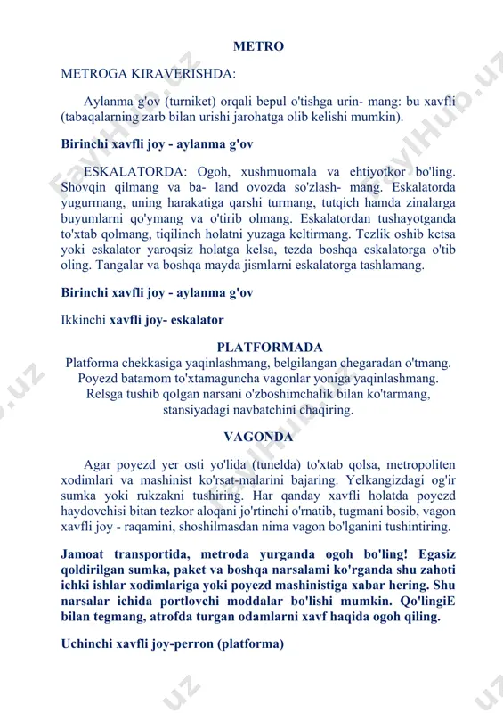 birinchi tibbiy yordam yordam berish qoidalari murakkab bo'lmagan me'yorlar va qoidalar o'qib, o'rganilib, uning talabiari to'liq bajarilsa, shikastlanishga va o'limga olib keluvchi ko'p hodisalarning oldini olish mumkin. ularga amal qilsangiz, o'zingiz va yaqin kishilaringizning hayotini saqlab qolishingiz mumkin. ehtiyot choralari ko'rilishiga qaramay, baribir yo'llarda baxtsiz hodisalar bo'lib turadi. agar siz shunday vaziyatga tushib qolsangiz yoki yordam berishga qaror qilgan bo'lsangiz, quyidagi qoidalarga amal qiling. quyidagi holatlardajarohatlar hayot uchun xavfli bo'ladi: • bosh yoki tanaga kuchli zarba berilganda; • elektrtokita'sirida; d) portlashda. boshva umurtqa pog'onasining jarohatlari:bosh va umurtqa pog ' onasi jarohatlarining beigilari darhol yoki kechroq namoyon bo ' lishi mumkin . jarohat belgilari — es-hushi darajasining o'zgarishi; uyquchanlik, hushning noaniqligi, hushdan ketish. · bosh, bo'yin yoki ko'krak qafasining orqa devorida qattiqog'riq yokibosimhissi. • qo ' l va oyoq , barmoqlarida sanchiq , yoki sezuvchanlikning yo ' qolishi . • tana biron-bir qismining harakat qobiliyatini yo'qotishi. • boshda yoki umurtqa pog'onasida …