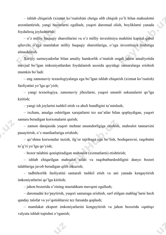 iqtisodiyotiga to’g’ridan-to’g’ri xorijiy investitsiyalar oqimini tubdan ko’paytirish imkonini berdi. prezidentimiz i.a.karimov ta’kidlaganlaridek, “2015 yilda ana shu maqsadlarga barcha moliyalashtirish manbalari hisobidan 15 milliard 800 million aqsh dollari miqdorida investitsiyalar jalb etildi va o’zlashtirildi. bu 2014 yilga nisbatan 9,5 foiz ko’p demakdir. jami investitsiyalarning 3 milliard 300 million dollardan ziyodi yoki 21 foizdan ortig’i xorijiy investitsiyalar bo’lib, shuning 73 foizi to’g’ridan-to’g’ri chet el investitsiyalaridir” . quyidagi 1-jadval ma’lumotlaridan ko’rinadiki, mamlakatimiz iqtisodiyotiga jalb etilgan xorijiy investitsiyalarning umumiy hajmida to’g’ridan-to’g’ri xorijiy investitsiyalarning salmog’i 2007-2015 yillarda o’sish tendentsiyasiga ega bo’lgan. bu iqtisodiyotni modernizatsiya qilish nuqtai nazaridan ijobiy holat hisoblanadi. 1-jadval o’zbekiston respublikasi iqtisodiyotiga jalb etilgan xorijiy investitsiyalarning dinamikasi (foiz hisobida) iqtisodiyot tarmoqlari yillar 2007 2009 2011 2013 2015 xorijiy investitsiyalarning jami investitsiyalar hajmidagi salmog’i 24,5 35,4 23,5 23,1 21 to’g’ridan-to’g’ri xorijiy investitsiyalarning jami investitsiyalar hajmidagi salmog’i 20,6 30,5 21,2 16,9 15,2 to’g’ridan-to’g’ri xorijiy investitsiyalarning jami xorijiy investitsiyalar hajmidagi salmog’i 84,0 86,2 78,8 72 73 …