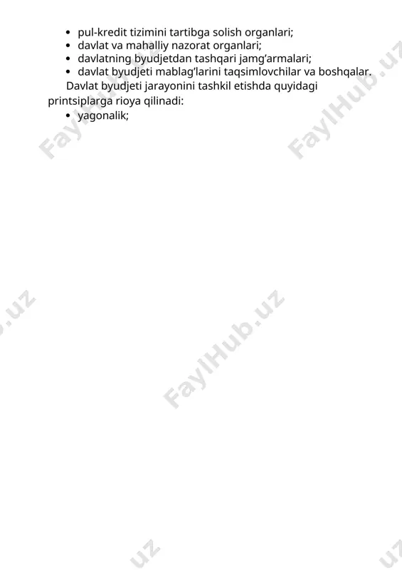 i mamlakat ijtimoiy-iqtisodiy rivojlanishining ustuvor yo’nalishlari va kelgusi moliya yili uchun mo’ljallangan makroiqtisodiy ko’rsatkichlar prognozlari asosida tuziladi. davlat byudjetining loyihasini tuzish bo’yicha ishlar yangi davlat byudjeti yilining boshlanishidan, masalan, gfr da – 6 oy, yaponiyada – 8 oy, fransiyada – 14 oy, aqshda – 18 oy, o‘zbekistonda – 7 oy oldin boshlanadi. uning loyihasini tuzish ijroiya hokimiyat organlari, odatda, moliya vazirligi tomonidan amalga oshiriladi. davlat byudjeti loyihasini tuzish uchun mas’ul organ-lar quyidagilardir98: o‘zbekiston respublikasi moliya vazirligi; vazirliklar, davlat qo’mitalari va idoralar, mahal-liy davlat hokimiyati organlari, byudjetlar loyihalarini tuzish, o‘zbekiston respublikasi moliya vazirligi tomonidan so’ralgan axborot va ma’lumotlarni taqdim etishga taal-luqli qismi bo’yicha. davlat maqsadli jamg’armalarini taqsimlovchi organ-lar davlat maqsadli jamg’armalari byudjetlarining loyi-halarini tuzish uchun mas’ul organlardir. o‘zbekiston respublikasi vazirlar mahkamasi o‘zbe-kiston respublikasi oliy majlisi palatalariga bir moliya yilidan ortiq muddatga tuzilgan davlat byudjetini va davlat maqsadli jamg’armalari byudjetlarini qabul qilish to’g’risida taklif kiritishga haqli. davlat byudjetining va davlat maqsadli jamg’arma-lari …