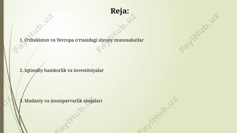 atlar yangi bosqichga koʻtarildi, kengaytirilgan sheriklik va hamkorlik boʻyicha kelishuv muzokaralari boshlandi. 1992-yilda oʻzbekistonning mustaqilligi eʼlon qilinganidan soʻng, yevropa ittifoqi bilan diplomatik munosabatlar oʻrnatildi, ammo 2000-yillarning boshlariga qadar hamkorlik cheklangan edi. kelajakdagi istiqbollar oʻzbekistonning yevropa ittifoqi bilan "kengaytirilgan sheriklik va hamkorlik" shartnomasi doirasida 5 ta muhim sohada, jumladan, energiya va raqamli iqtisodda hamkorlikni chuqurlashtirish rejalashtirilgan. 2024-yilga qadar yevropa ittifoqi tomonidan oʻzbekistonga taqdim etiladigan texnik yordam miqdori 150 million yevrodan oshadi, bu infratuzilmani modernizatsiya qilish va institutsional islohotlarni qoʻllab-quvvatlaydi. investitsiyalar va savdo o'zbekiston evropadan yuqori texnologiyali uskunalar va mashinalar importiga katta ehtiyoj sezadi, bu esa o'zaro investitsiyalarni jalb qilish uchun katta salohiyat yaratadi. evropa investitsiyalarining asosiy yo'nalishlari qayta ishlash sanoati, energetika va infratuzilmani rivojlantirish bo'lib, bu sohalarda 2023 yil yakunigacha 1 mlrd. evrodan ortiq investitsiya kiritish rejalashtirilgan. e'tiboringiz uchun rahmat @taqdimot_robot image1.jpg image2.jpg image3.jpg image4.jpg image5.jpg image6.jpg image7.jpg
