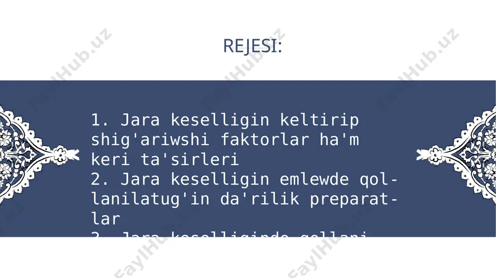 ma'rte usinis etiledi jara keselligin emlewde usinis etiletug'in da'rilik preparatlar awriw ha'm dispeptik buzilislardin' aldin aliw, helicobacter pylori g'a ta'sir etiw arqali mug'darin kemeytiw orayliq nerv sistemasi iskerligin jaqsilaw jara ju'zesine arnawli ta'sir ko'rsetiw kislota ha'm pepsinnin' payda boliwin kemeytiriw arqali jara pitiwin tezlestiriw antisekretor prepapatlar 01 02 03 04 05 06 add your words here,according to your need to draw the text box size. add your words here,according to your need to draw the text box size. add your words here,according to your need to draw the text box size. add your words here,according to your need to draw the text box size. add your words here,according to your need to draw the text box size. add your words here,according to your need to draw the text box size. simptomatik emlew ushin usinilatug'in da'rilik preparatlar 01 02 04 03 05 spazmolitikler analgetik da'ri preparatlari asqazan-ishek evakuator-motor funkciyasin jaqsilawshi preparatlar …