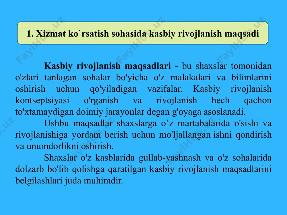 siyatlarini (iqtidorlilik (aql, reaktsiya va h.k.)) rivojlantirishga qaratilgan. xodimni kompaniyaning rivojlanishi sharoitida yuzaga keladigan yangi ishlab chiqarish vazifalarini bajarishga tayyorlash uchun aloqalarga boʻlgan ijtimoiy ehtiyojlar nizolarni boshqarish va boshqalar, badiiy, tahliliy va boshqa qobiliyatlar, motivatsiya, shaxsiy xususiyatlar (xarakter, iroda, qobiliyat), uning uslubi va strategik rejalari va maqsadlarini amalga oshirish. kasbiy rivojlanish tendensiyalari masofaviy ish masofadan ishlash kuchi aloqa, o`z-o`zini tartibga solish va masofalar bo`ylab hamkorlik qilish qobiliyatini talab qiladi onlayn o`rganish onlayn kurslar va sertifikatlar har qachongidan ha qulayroq va yangi ko`nikmalarni o`rganish va dolzarb bo`lib qolishni asosiy usuli turli xillik va inklyuziya inklyuziv amaliyotga ega bo`lgan turli jamoalarni rivojlantirish muammolarini yaxshiroq xal qilishga olib keladi 3. kasbiy o`sish uchun zarur bo`lgan ko`nikmalar va bilimlar yoshlarni kasbiy ko'nikmalarini rivojlantirilishi - bu uning yetuk mutaxassis sifatida ongli ravishda o'zini-o'zi maqsadga yo'naltirilgan holda kasbiy rivojlantirish jarayonidir. bu jarayon kasbiy faoliyat samaradorligini ta'minlovchi bilim, ko'nikma va malakalarni, shaxsiy va kasbiy sifatlarini mustaqil takomillashtirishni …