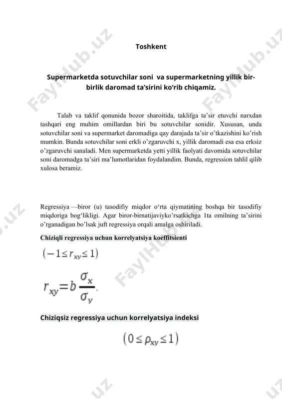 nogaegaligi va ishonchliligi tan olinadi. agar shart o’rinli bo’lsa h0 gipoteza rad etilmaydi va regressiya tenglamasining statistic ma’noga ega emasligi, ishonchli emasligi tan olinadi. regressiya va korrelyatsiya koeffitsientlarining statistic ma’nodorligini baholash uchun styudent t-kriteriyasi va har bir ko’rsatkichning ishonch intervallari hisoblanadi. regressiya va korrelyatsiya koeffitsientlarining ma’nodorligini styudent t-kriteriyasiyordamida baholash ularning qiymatlarini tasodifiy xatolarining qiymatlari bilan taqqoslash orqali amalga oshiriladi: ya’ni, chiziqli regressiya parametrlari va korrelyatsiya koeffitsientlarining tasodifiy xatolari quyidagi formulalar bilan hisoblanadi: t-statistikada jadval(tjadv ) va haqiqiy( thaq ) qiymatlarni taqqoslab h0 gipotezani qabul qilinadi yoki rad etiladi. fisher f-kriteriyasi va styudent t-kriteriyasi orasidagi bog’lanish quyidagicha ifodalanadi: agar shart bajarilsa h0 gipoteza rad etiladi, ya’ni a, b varxy noldan tasodifiy farqqilmaydi va ular x omilning tizimli ta’sirida yuzaga kelgan. agar shart o’rinli bo’lsa, u holda h0 gipoteza rad etilmaydiva a, b varxy lar tasodifiyligi tan olinadi. quyidagi jadvalda keltirilgan ma’lumotlarni excel dasturiga kiritib oldim. n supermarketda sotuvchilar soni (x) yillik …
