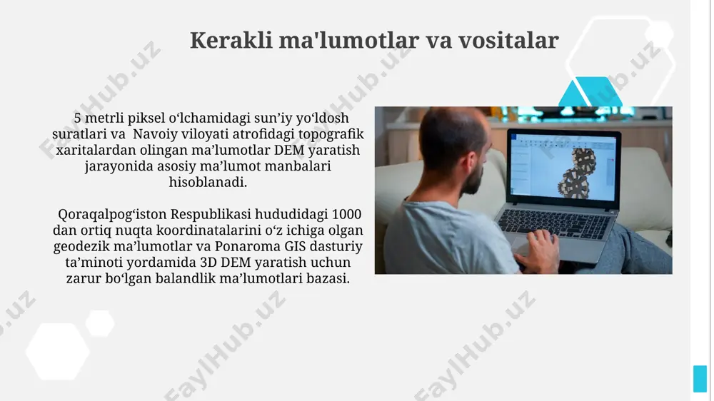 onaroma gis da yuqori aniqlikdagi 3d dem hosil qilish uchun yetarlidir. qirgʻizistonning oʻsh viloyati hududida joylashgan 500 metrdan baland boʻlgan togʻli hududlarning kontur chiziqlari yordamida ponaroma gis dasturida 3d dem yaratishda 10 metrli aniqlikka erishish mumkin. rangli shkalani qo'llash qoraqalpogʻiston respublikasining 1:50 000 masshtabli raqamli relyef modeliga rangli shkalani qoʻllashda, dengiz sathidan balandlikka qarab 10 metrdan 2000 metrgacha boʻlgan oraligʻida 5 ta rangli intervalni tanlash tavsiya etiladi. rangli shkalani qoʻllashda, samarqand viloyatining togʻli hududlarini aniqroq koʻrsatish uchun, 2000 metrdan yuqori balandliklar uchun alohida, yorqin ranglardan foydalanish mumkin. bu 3d modelning vizual aniqligini oshiradi. raster ma'lumotlaridan foydalanish ponaroma gisda raster ma’lumotlarini qayta ishlashda, 500 metrdan yuqori balandlikdagi hududlar uchun maxsus filtrlarni qo‘llash orqali aniqroq natijalarga erishish mumkin, masalan, o‘zbekistonning tog‘li hududlarida. ponaroma gis dasturi yordamida 10 metrli piksel o‘lchamiga ega raster ma’lumotlaridan foydalanib, toshkent shahri atrofining 3d demini yaratish mumkin. bu jarayon yuqori aniqlikdagi relyefni modellashtirish imkonini beradi. ponaroma gis dasturiga …