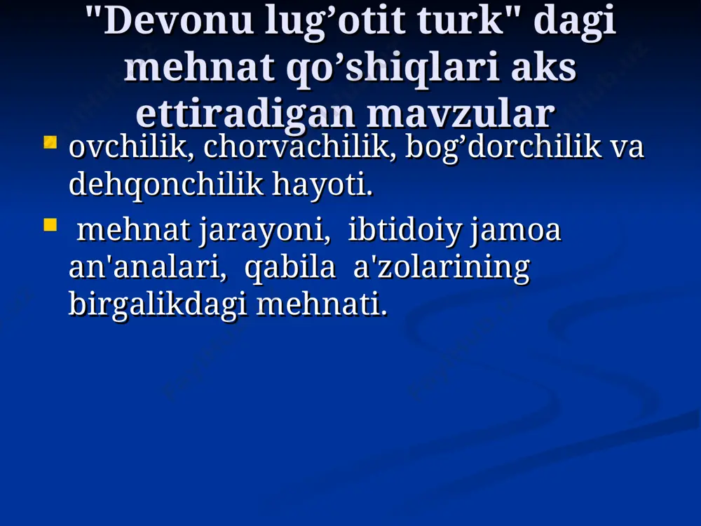 bog'lariga qirov qo'nganidan, ishonch yaproqlarini sovuq urganidan dalolat bo'ladi. qish kirib kelgach, yo'lchivinlar sarg'ayib, halokatga mahkum bo'lganlari singari vasldan umidini uzgan oshiqning ham hayotdan ilinji qolmagan. g'arib va chorasiz oshiq ma'shuqasi yo'lida shu qadar ko'p ko'z yosh to'kadiki, ulardan baliqlar suzib yurishi mumkin bo'lgan daryo hosil bo'ladi. oshiq yigitholini ana shu baliqlardan so'rash mumkin. ma'lumki, baliqlar ovoz chiqarmaydi, gapirmaydi. demak, sevgan yigitning ruhiy holati g'oyat ezgin va nochor. mehnat qo’shiqlari har yilgi umumxalq bayramlarida aytiladi xulosa o’zbek xalq qo’shiqlari juda katta tarbiyaviy va juda muhim tarixiy hamda adabiy ahamiyatga ega. avvalo, xalq qo’shiqlari xalqimizning uzoq davrli tarixining bir qismi sifatida yashab kelayotganini ta’kidlash joiz. i.a.karimov. tarixiy xotirasiz kelajak yo’q. sharq nashriyot-matbaa konserni bosh tahririyati, toshkent - 1998. mallaev n. o’zbek adabiyoti tarixi. t., 1976 y vohidov r., eshonqulov. o’zbek mumtoz adabiyoti tarixi.-toshkent, 2006. sulaymonov m. o’zbek xalq og’zaki ijodi. namangan, 2008. foydalanilgan adabiyotlar: