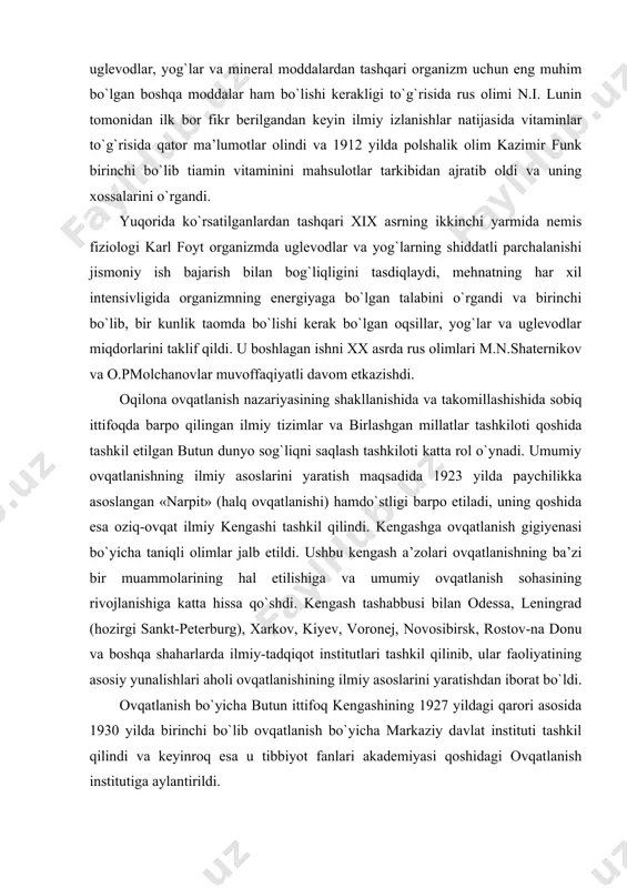 qo`shdi. kengash tashabbusi bilan odessa, leningrad (hozirgi sankt-peterburg), xarkov, kiyev, voronej, novosibirsk, rostov-na donu va boshqa shaharlarda ilmiy-tadqiqot institutlari tashkil qilinib, ular faoliyatining asosiy yunalishlari aholi ovqatlanishining ilmiy asoslarini yaratishdan iborat bo`ldi. ovqatlanish bo`yicha butun ittifoq kengashining 1927 yildagi qarori asosida 1930 yilda birinchi bo`lib ovqatlanish bo`yicha markaziy davlat instituti tashkil qilindi va keyinroq esa u tibbiyot fanlari akademiyasi qoshidagi ovqatlanish institutiga aylantirildi. ilmiy -tadqiqot muassasalarining keng tarmoqda tashkil qilinishi ovqatlanish sohasida olamshumul ahamiyatga ega bo`lgan kashfiyotlar qilish va muhim ilmiy-amaliy muammolarni hal qilish uchun zamin bo`lib xizmat qiladi. o`tgan asrning birinchi yarmida sobiq ittifoq aholisi uchun ilk bor ovqatlanish me’yorlari ishlab chiqildi va urushdan keyingi tiklanish yillarida oziq-ovqat mahsulotlarini ishlab chiqarishni rejalashtirishga asos qilib olindi. bundan tashqari taniqli rus fiziologi i.p. pavlov va uning shogirdlari tomonidan shartli reflekslar nazariyasining yaratilishi kuniga ovqatlanish sonini, vaqtlarini isbotlashda hamda qorin ochish va to`yish sezgilarining mexanizmini ochib berishda katta ahamiyatga ega bo`ldi. ta’m …