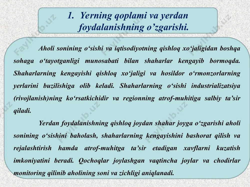 larning degradatsiyaga uchrashining oldini olish uchun shahar atrofidagi qishloq xo‘jalik yerlarini tahlil qilish muhim ahamiyatga ega. * masofadan zondlash tasvirlari biznesni yuritish uchun va aholi ehtiyojlari uchun maktab, yong‘in xavfsizligi stansiyalari yoki kutubxonalarni joylashtirishda foydalaniladi. biznes yoki aholi ehtiyojlari uchun muassasalar qurishga joy tanlashda zarur me’zonlar belgilanadi, tasvir interpretatsiya qilinib loyiha talablariga javob beradigan joy aniqlanadi. bunda oldinga qo‘yilgan vazifa rivojlanish imkoniyati bo‘lmagan joylarni aniqlashdan iborat. bu joylar qiyaliklar, organik tuproqlar, botqoqlik, daryolar va qirg‘oqlar atrofidagi zonalar, qirlarning tepa qismi, ekologik jihatdan nozik joylar, yerdan foydalanishda kelishmovchilik bo‘lgan joylar, qishloq xo‘jaligiga yaroqli yerlar, shag‘al yerlarni o‘z ichiga olishi mumkin. tajribali tahlilchi tasvirdagi bu joylarni tezda aniqlaydi. * masofadan zondlash tizimi ko‘p davriy tahlillar orqali shaharlarning rivojlanish istiqbollari haqidagi ma’lumotlar bilan ta’minlaydi. qishloq joylarida yerdan foydalanishning shahar joylarida yerdan foydalanishga o‘zgarishining kartasini tuzishdagi asosiy element qishloq joylari (qishloq xo‘jaligi yerlari va o‘rmonzorlar) hamda shahar joylari (aholi yashash joylari, savdo va dam …