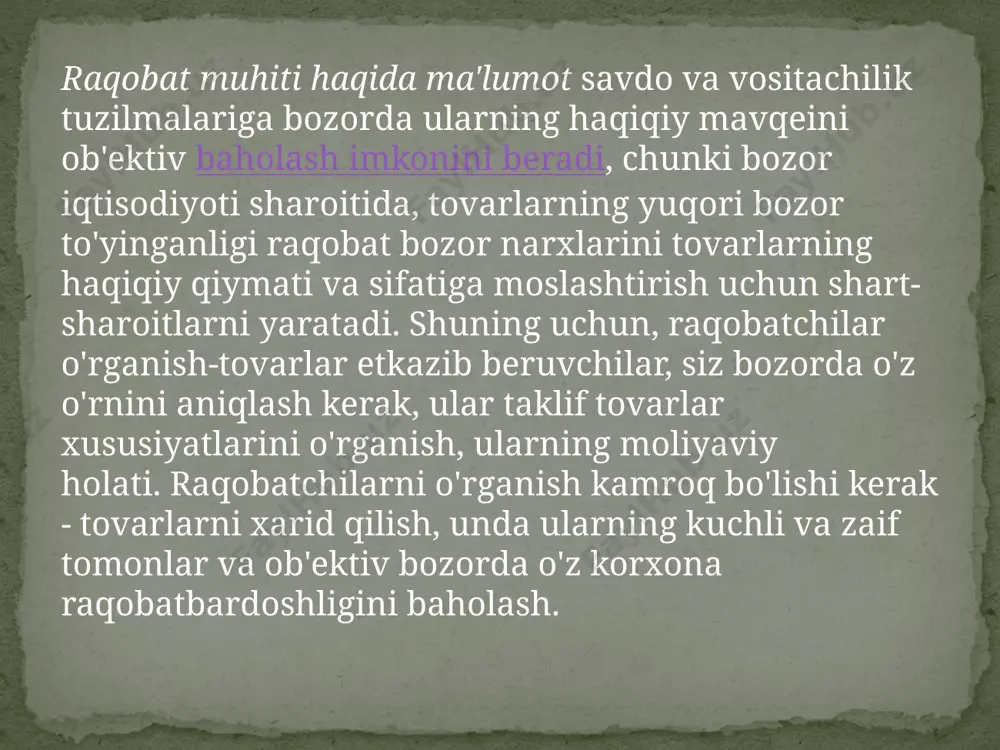 o'lishi kerak bo'lgan mas'ul shaxslar tayinlanishi kerak; korxona rahbari maxfiy hujjatlar bilan ishlash bo'yicha yo'riqnomani tasdiqlashi kerak, bu bilan tegishli xodimlarni tanishtirish kerak. korxona rahbari ichki xavfsizlik va maxfiy ofis xizmatlari ustidan shaxsiy nazoratni amalga oshirishi kerak. korxonaning savdo-vositachilik sirini tashkil etuvchi axborotni himoya qilishning ko'plab usullari mavjud. mas'ul shaxslarning nazorati ostida nusxa ko'chirish qog'ozi va bo'yoq lentasi yo'q qilinishi kerak. biroq, savdo va vositachilik faoliyatida xavf darajasiga ta'sir qiluvchi ichki omillar ham mavjud bo'lib, ularning asosiy qismi: savdo korxonasi xodimlarining beparvoligidan tovarlarni yo'qotish. korxonaga moddiy zarar etkazishi mumkin bo'lgan xodimlarning nohaqligi ehtimoli. savdo va vositachilik xodimlarining past malakasi, uning natijasi xavfli savdo-vositachilik bitimi va boshqalar bo'lishi mumkin. xavf darajasini aniqlash statistik yoki ekspert usullaridan foydalanishingiz mumkin. statistik usul korxonaning moliyaviy – xo'jalik faoliyati ko'rsatkichlari (foyda, investitsiyalar va boshqalar) yordamida matematik statistika usullariga asoslangan. ekspert usuli turli xil xavf omillarining ta'sirini hisobga oladi va turli miqdordagi yo'qotish ehtimolini aniqlaydi. shu …