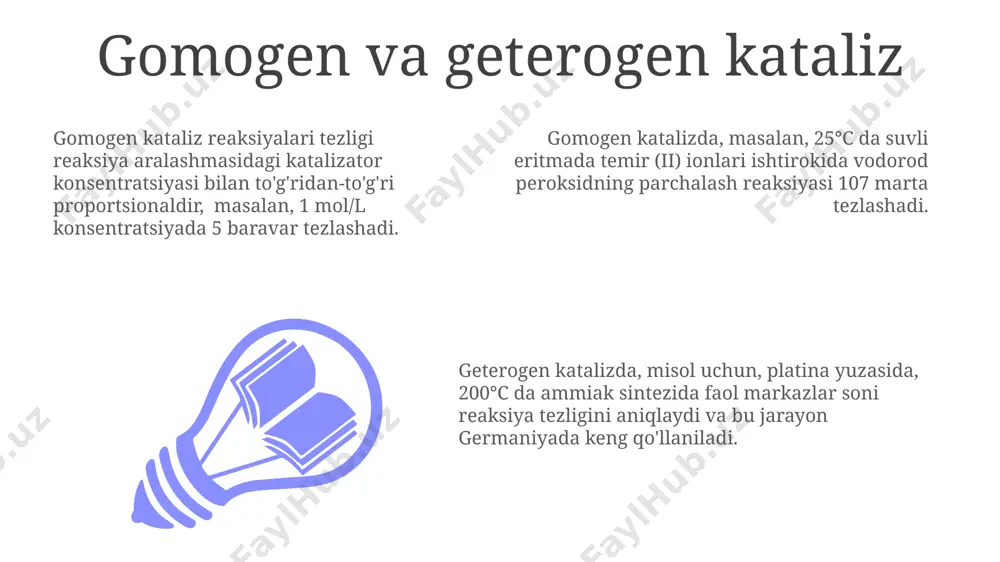 lari katalizatorlarning 50% dan ortig'i metallar, masalan, platina guruhi metallari (palladiy, platina) va temir kabi elementlardan iborat bo'lib, kimyoviy reaksiyalarni tezlashtirishda muhim rol o'ynaydi, germaniyada ishlab chiqarilgan ba'zi katalizatorlar esa 99,9% soflikka ega. biokatalizatorlar yoki fermentlar, o'z navbatida, 10 6 dan 10 14 gacha bo'lgan tezlashtirish koeffitsientiga ega bo'lib, inson tanasidagi 10.000 dan ortiq biokimyoviy reaksiyalarni boshqaradi va bu reaksiyalarni toshkentdagi oliy tibbiyot institutining laboratoriyalarida o'rganish mumkin. geterogen katalizatorlar, masalan, avtomobil chiqindi gazlarini tozalovchi tizimidagi katalitik konvertorlar, 300 dan ortiq haroratlarda yuqori samaradorlikka ega va dunyo bo'ylab millionlab avtomobillarda qo'llaniladi. katalizator zaharlanishi va regeneratsiyasi gidrogenizatsiya reaksiyalarida ishlatiladigan palladium katalizatorlari, masalan, rossiyada ishlab chiqarilganlari, organik sulfidlar bilan zaharlanishi mumkin, bu esa katalitik faollikni 5-15% ga pasaytiradi. ularning regeneratsiyasi vodorod muhitida yuqori bosimda (50 atm) amalga oshiriladi. katalizator zaharlanishining bir turi, masalan, avtomobil katalizatorlarida 200-400°c haroratda oltingugurt oksidlari (sox) bilan zaharlanishi, samaradorlikni 30% ga kamaytirishi mumkin va regeneratsiya uchun maxsus uskunalar, masalan, …