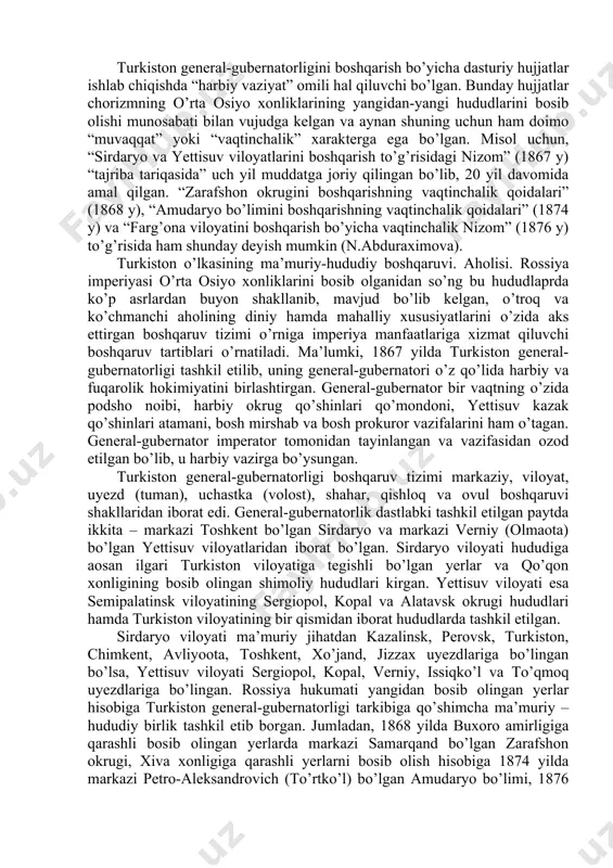 salbiy oqibatlarni keltirib chiqarishi mumkin edi. undan tashqari, yangi bosib olingan yerlarda hali qarshilik va norozilik harakatlari davom etayotganligi, boshqaruv tizimida faoliyat olib borayotgan o’z odamlari bo’lmaganligi, mahalliy sharoitni to’liq bilmaslik kabilar ham an’anaviy boshqaruv tizimini ma’lum muddat saqlab qolishga majbur qilgan. 1868 yilda imperiya ministrlar kengashi tomonidan turkiston general-gubernatoriga ikki yil ichida yangi “nizom” loyihasini tayyorlab taqdim qilinishi to’g’risida ko’rsatma beriladi. 1871 yilda fon kaufman rahbarligida turkiston o’lkasini boshqarish to’g’risida “nizom” loyihasi tayyorlanib taqdim etilsada, muhokamada tasdiqlanmay qaytariladi. ushbu loyiha 1873 yilda qayta ishlanib, ikkinchi marotaba ministrlar kengashiga jo’natiladi. ammo, bu safar ham “nizom” loyihasida kamchiliklar mavjud bo’lib, “qoniqarsiz, yer masalasi tartiblari esa siyosiy jihatdan xavfli” bo’lganligi tufayli 1874 yilda tasdiqlanmay, qaytariladi. ammo, shunga qaramasdan ushbu “nizom” loyihasidagi tartiblar 1876 yilda yangi tashkil etilgan farg’ona viloyatiga joriy etiladi. 1882 yil 8 mayda imperatorning turkiston general-gubernatorligini taftish qilish to’g’risidagi farmoni e’lon qilinadi. taftish ishlariga rais qilib “dasht komissiyasi”ning sobiq raisi, …