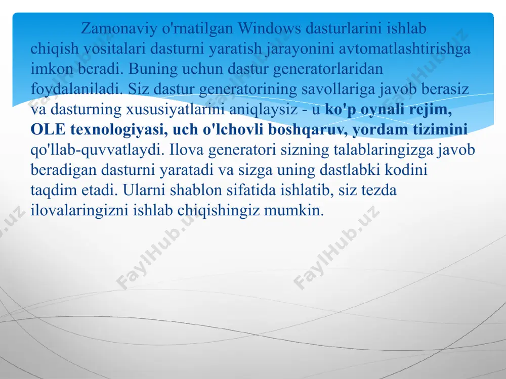 batafsil ko'rsatiladi. 4.tizimning amaliy yaratilish bosqichida dasturchilar ishga tushib, tizimni dastur holatiga olib kelishadi. bu bosqichda, ma'lumotlar bazasi amalda yaratiladi, dastur dasturlash tillarida yoziladi, ma'lumotlar bazasi to'ldiriladi va sinovdan o'tkaziladi. bu boskichning natijasi to'la funktsional dasturdir. 5.yaratilgan axborot tizimi ishga tushgandan keyin vaqt o'tgan sari o'zgartirishlar kiritilishi muqarrardir. bu bosqichda oldingi bosqichdagi ko'zga tashlanmagan xatolar to'g'rilanib tizim istalgan darajaga keltiriladi. prototip usuli tizimlar yaratilish jarayonida takrorlanish yondashuvini qo'llaydi. har bir takrorlanishda talablar va muammoning alьternativ yechimlari aniqlanadi va tahlil qilinadi, yangi dizayn tayyorlanadi va tizimning bir qismi amalda yaratiladi. талабларни аниқлаш альтернатив ечимларни таҳлили дизайн дизайнни амалда яратиш фойдаланувчининг фикри талабларни аниқлаш алтернатив ечимларни таҳлили дизайн дизайнни амалда яратиш фойдаланувчининг фикри 1чи такрорланиш 2чи такрорланиш охирги такрорланиш талабларни аниқлаш альтернатив ечимларни таҳлили дизайн дизайнни амалда яратиш фойдаланувчининг фикри дизайн дизайнни амалда яратиш альтернатив ечимларни таҳлили hozirgi zamonda prototip usuli dasturlarni tezkor yaratish (dtya) usulida ishlatiladi. dtya usuli yaratish jarayonini tezlashtirish …