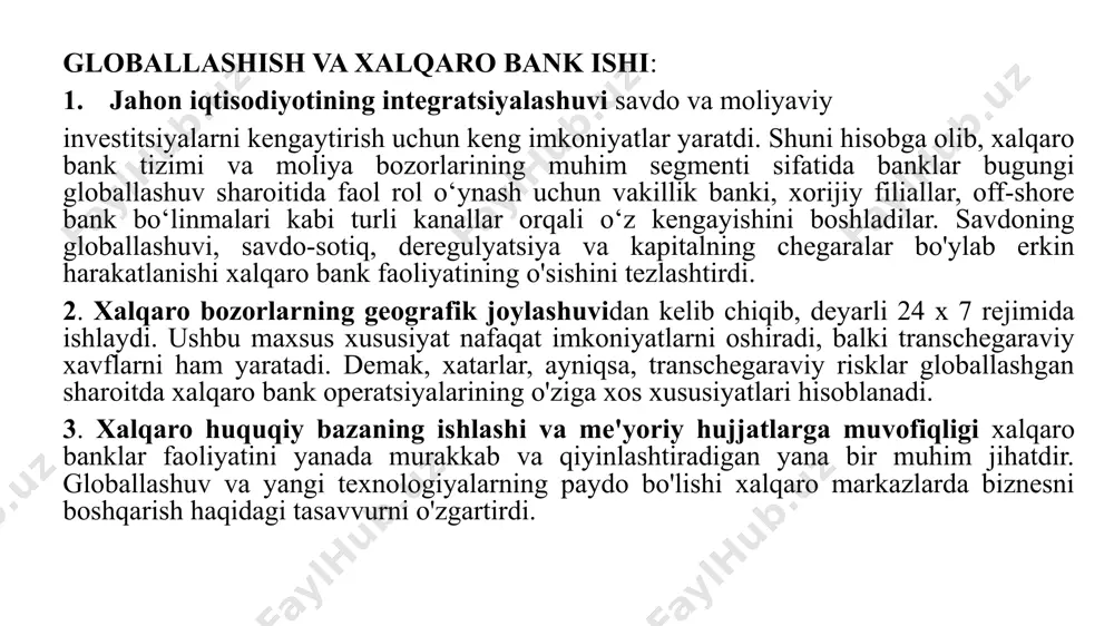 iyinchiliklarga duch kelishmoqda. 7. xalqaro moliya bozorlari – globallashuv xalqaro investorlar uchun turli xalqaro bozorlarga chiqish, arbitraj bitimlari va investitsiyalarini diversifikatsiya qilish imkoniyatlarini oshirdi. globallashuv sharoitida xalqaro banklar ko'plab xavf-xatarlarga duch kelishmoqda. xalqaro banklar forvard birja shartnomalari, fyucherslar, optsionlar, svoplar kabi moliyaviy derivativlar ko'rinishidagi ushbu risklarni bartaraf etish uchun ko'plab innovatsion moliyaviy vositalarni ishga tushirdilar, xalqaro banklar turli transchegaraviy markazlarning mablag'laridan foydalanish imkoniyatiga ega bo'ladilar, shu bilan ular o'z mijozlariga tashqi tijorat qarzlarini taklif qilish, shuningdek, kredit sindikatsiyalarini loyihalash. xalqaro bankning ishlab chiqishdagi moliyaviy yangiliklari yillar va o'nlab yillar davomida xalqaro bank faoliyati ko'plab innovatsiyalarning bir qismi bo'ldi. o'zgargan muhitga ko'ra, tobora ko'proq transchegaraviy operatsiyalar hisobiga banklar ko'plab xavflarni o'z zimmalariga olishlari kerak. bunday xatarlarni yumshatish uchun ko'plab innovatsion moliyaviy vositalar va mahsulotlar joriy etildi. keng ma'noda bunday mahsulotlarni "derivativlar" deb atash mumkin. forvard ayirboshlash shartnomasi: valyuta kursi xavfi: bu bozor harakati va bozor kuchlari (talab va taklif) tufayli yuzaga …