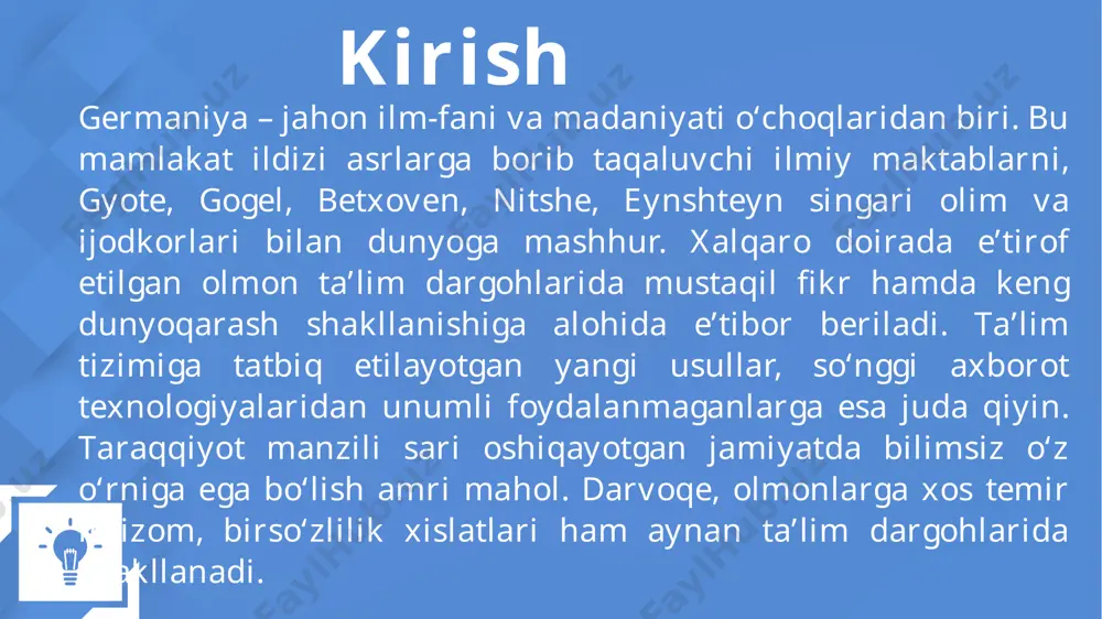 o‘ra, 1 – a’lo 2 – yaxshi 3 – qoniqarli 4 – yetarli , 5 – yetarli emas , 6 – qoniqarsiz. o‘quvchilar fanlarni eng kamida "4”ga o‘zlashtirishi kerak. boshlang‘ich bosqichda bolalarga matematika, nemis tili, tabiatshunoslik, musiqa, estetika fanlari o‘tiladi. tanlash imkoniyati olmon ta’lim tizimining o‘ziga xos xususiyati shundaki, o‘quvchilar boshlang‘ichni tugatgandayoq kelajak yo‘lini aniqlab olishi zarur. ana shunga asoslanib, u bir necha turdagi maktabdan birida o‘qishni davom ettiradi. asosiy maktab. bu yerda bolalar to‘qqizinchi sinfgacha o‘qitiladi. asosiy maktablarda oliy ta’lim muassasalarida o‘qish niyati yo‘q bo‘lgan, biror bir kasb etagidan tutishni ko‘zlagan o‘quvchilar ta’lim oladi. bu turdagi maktablarda bazaviy bilimlar beriladi va asosiy e’tibor amaliy mashg‘ulotlarga qaratiladi. asosiy maktabni tugatgan o‘smirlar tugallanmagan o‘rta ta’lim haqida shahodatnoma oladi. ushbu hujjat bilan kasb-hunar maktablariga kirish mumkin. bizdagi kasb-hunar kollejlariga o‘xshab ketadigan mazkur maktablarda talaba muayyan kasb-hunar bo‘yicha bilim va tajriba oshiradi. real maktab. bu turdagi maktablarda matematika va tabiiy fanlarga moyil, kelajakda …