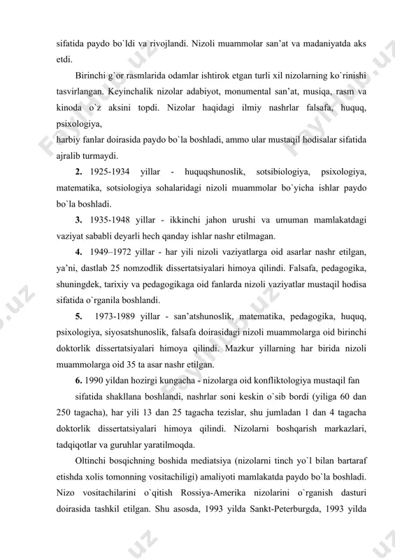 zoli vaziyatlarni keltirib chiqaradigan, boshqalarni bunga doimo jalb qiladigan hayotdan narozi nizoli shaxsning mavjudligi. tashkilotni boshqarish jarayonida nizolarning bir yoki bir nechta sabablari mavjudligi nizoli vaziyat yuzaga kelish ehtimolini oshiradi (3-rasmga qarang). 3- rasm. jarayon sifatida nizoli vaziyatlar modelining chizmasi nizoning jarayoni tomonlar bir-birining manfaatlarini cheklashga qaratilgan o`zaro harakatlarga o`tgandan keyin boshlanadi. nizoning ichki mantig`i nizolarni muayyan ssenariyga rioya qilishga majbur qiladi. biroq, yakun hali oldindan belgilanmagan va har qanday ijobiy harakat foydali bo`ladi. har qanday vaqtda nizoli vaziyatlarning rivojlanishi o`zining bifurkatsiya (ayirilish, bo`linish, tarmoqlanish) nuqtalariga ega bo`lib, ular keyingi rivojlanish uchun bir nechta variantlarni nazarda tutadi. shuning uchun, har bir nizoli vaziyat o`ziga xos xususiyatlarga ega va variantni tanlash har doim uning ishtirokchilari uchun qoladi. nizoli vaziyatlar bir necha faza va bosqichlardan o`tadi (4-rasm). nizoning o`ziga xos xususiyatlaridan biri bu uning ichki mexanizmlari singari tashqi ta’sirlar ostida nizolarni rivojlanish jarayoni bo`lgan o`zgarishini namoyon qiladi. odatda, nizoning fazalari tabiatan davriy …