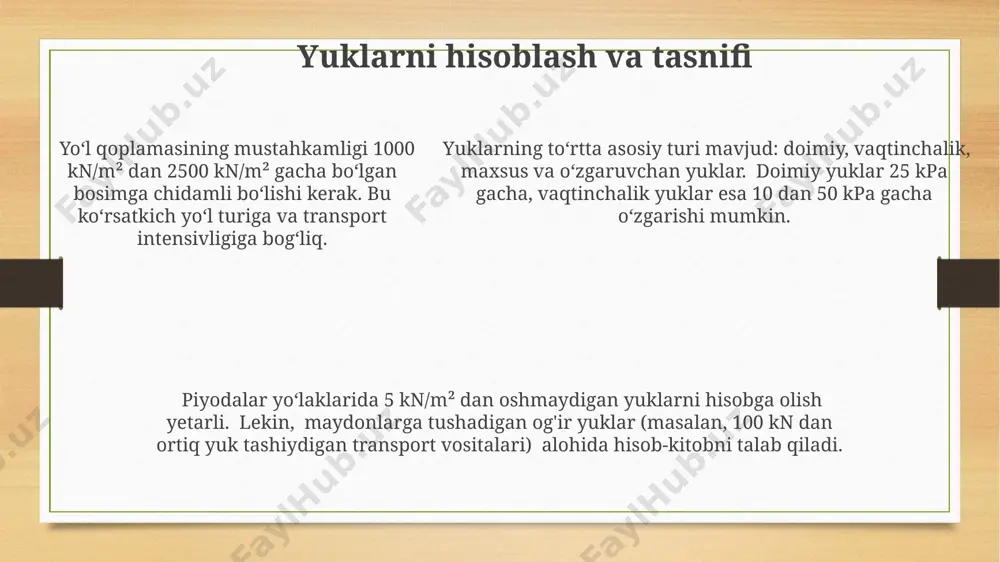 soblash elastiklik modulini aniqlash uchun standart sinov usullari, masalan, marshall sinovi yoki cbr sinovi natijalaridan foydalaniladi va bu natijalar empirik formulalar yordamida 200-500 mpa oralig'ida hisoblanadi. asfalt betoni uchun elastiklik moduli, harorat va yuklanish tezligiga bog'liq holda, o'zgaruvchan bo'ladi va odatda 10 gpa dan 100 gpa gacha oralig'ida qiymatlarni qabul qiladi. asfalt betoni uchun elastiklik moduli, harorat va yuklanish tezligiga bog'liq holda, o'zgaruvchan bo'ladi va odatda 10 gpa dan 100 gpa gacha oralig'ida qiymatlarni qabul qiladi. yoriqlar paydo bo'lishini oldini olish suv o'tkazuvchanlikni yaxshilash uchun drenaj tizimlarini o'rnatish, 2% dan kam bo'lmagan eğim bilan, yoriqlar paydo bo'lish ehtimolini 30% ga kamaytiradi. yoriqlarning oldini olish uchun, asfalt qatlami kamida 15 sm qalinlikda bo'lishi va bazaviy qatlamning mustahkamligi 10 mpa dan kam bo'lmasligi kerak. bu strukturaviy mustahkamlikni ta'minlaydi. yoriqlarning paydo bo'lishini oldini olish uchun, har 5 yilda bir marta yo'l yuzasini tekshirish va kerak bo'lganda ta'mirlash ishlarini o'tkazish zarur. bu xarajatlarni 15% …