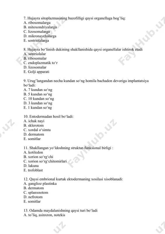 tlar, nefrotom, splanxnotom b. teri epiteliysi, mezenxima c. nerv naychasi, nefrotom d. splanxnotom, sariqlik qopining epiteliysi e. xorda, nerv nayi 16. xorionning hosil bo‘lish kurtagi: a. trofoblast, homiladan tashqaridagi mezoderma b. mezodermaning parietal varag’i c. entoderma, ektoderma d. entoderma, mezoderma,ektoderma e. homila tugunchasi 17. birlamchi jinsiy hujayralar hosil bo‘ladi: a. sariqlik xaltasi entodermasida b. allantois devorida c. urug’ olib chiquvchi yo‘lda d. tuxumdonda e. sariqlik xaltasi mezodermasida 18. allantois bu: a. entodermaning barmoqsimon o‘simtasi b. ektodermaning barmoqsimon o‘simtasi c. trofoblastning so’rg’ichsimon o‘simtasi d. biriktiruvchi to’qima tuzilmasi e. mezodermaning barmoqsimon o‘simtasi 19. kortikal reaksiya bu: a. urug’lanish qobig’ining hosil bo‘lishi b. tuxum hujayra qobig’ining parchalanishi c. follikulyar hujayralarning parchalanishi d. jinsiy hujayralarning qo‘shilishi e. spermatozoidning tuxum hujayraga kirishi 20. etuk tuxum hujayrada qaysi organella bo‘lmaydi? a. hujayra markazi b. ribosomalar c. mitoxondriyalar d. polisomalar e. lizosomalar 21. gastrulyatsiyada birlamchi chiziq hosil bo‘ladi: a. immigratsiyada b. invaginatsiyada c. delaminatsiyada d. epiboliyada e. …