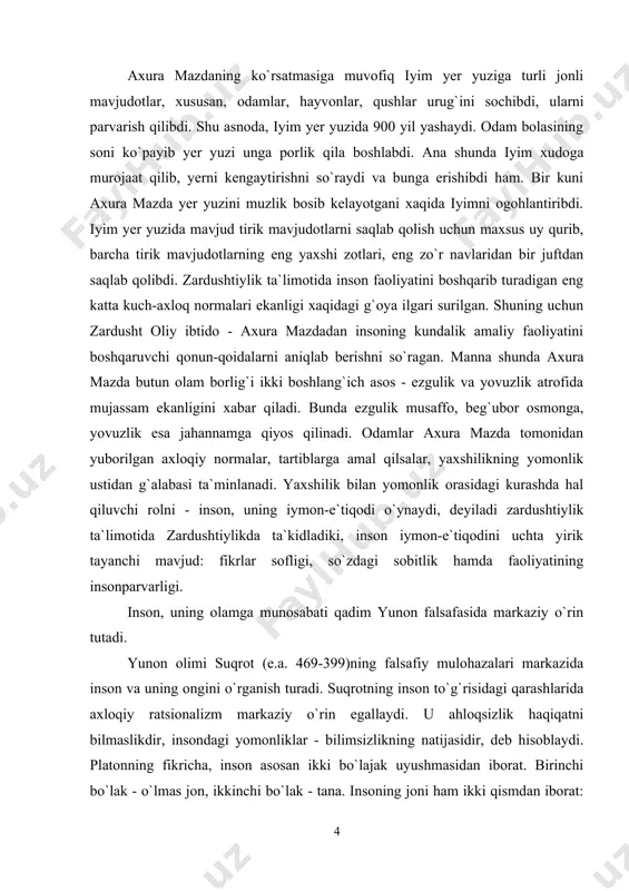sabati qadim yunon falsafasida markaziy o`rin tutadi. yunon olimi suqrot (e.a. 469-399)ning falsafiy mulohazalari markazida inson va uning ongini o`rganish turadi. suqrotning inson to`g`risidagi qarashlarida axloqiy ratsionalizm markaziy o`rin egallaydi. u ahloqsizlik haqiqatni bilmaslikdir, insondagi yomonliklar - bilimsizlikning natijasidir, deb hisoblaydi. platonning fikricha, inson asosan ikki bo`lajak uyushmasidan iborat. birinchi bo`lak - o`lmas jon, ikkinchi bo`lak - tana. insoning joni ham ikki qismdan iborat: oliy - yuqori qism va pastki - quyi qism. oliy qismda aql-zakovat to`plagan, uning yordamida inson abadiy g`oyalar sirini bilib oladi va farovonlik, ezgulik tomon intiladi. pastki qism - his-hayajonga asoslangan. platon odamlarni uch katta toifaga bo`lgan. birinchi toifadagilar - aqlli kishilar, ikkinchi toifadagilar - his-hayajonga beriluvchilar, uchinchi toifa - doqiylarga, yo`lboshchilarga sajda qiluvchilar. aristotel inson jismi va ijtimoiy qiyofasi orasidan aloqadorlikni tushuntirib berishdda o`z o`tmishdoshlaridan ancha ilgarilab ketadi. u olamdagi jami tirik mavjudotlar hayotining asosini jon tashkil qiladi, deb hisoblaydi. bu jon uch turkumga bo`linadi: …