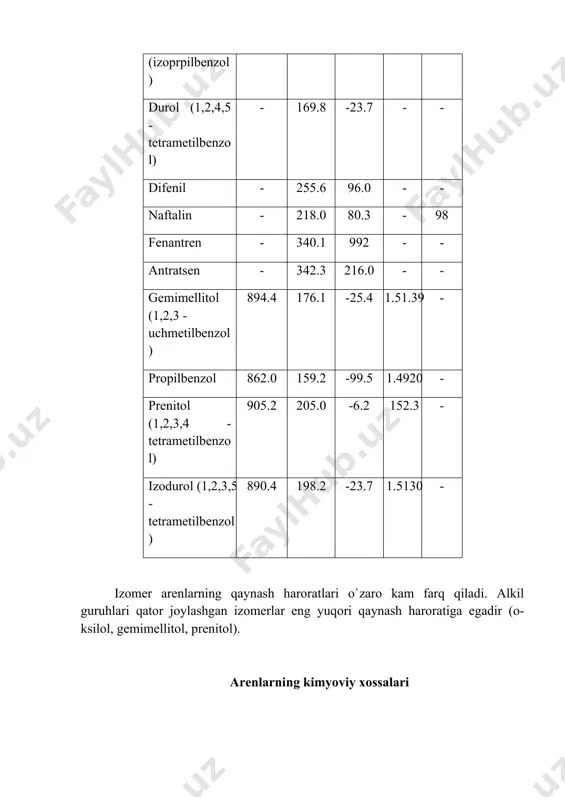 , benzol- alkenlarni gidrirlash sharoitlarida gidrirlanmaydi. elektrofil o`rin olish reaksiyalari mexanizmini shved kimyogari melander o`rgangan bo`lib, u izotop usulini qo`llagan. deyteriy va tritiy bilan almashilgan birikmalarni o`rganish shuni ko`rsatdiki, reaksiyani chegaralovchi (limitlovchi) bosqich – oraliq modda hosil bo`lish bosqichi ekan. ma'lumki ( - komplekslarning hosil bo`lish bosqichi juda tez jarayon bo`lib, demakki eng sekin bosqich bu ( - komplekslarning ( - kompleksga izomerizatsiyasi ekan. arenlar uchun, ularning yuqori darajadagi to`yinmaganliklariga qaramasdan, birikish reaksiyalari ancha kam xarakterlidir. masalan, alkenlarni gidrirlash sharoitida benzol gidrirlanmaydi. shunga qaramay, bosim ostida nikel katalizatori ishtirokida benzol gidrirlanganda u siklogeksanga aylanadi: benzolni, siklogeksanni va yon zanjirida qo`shbog`i bor arilalken (stirol) ni gidrirlash nisbiy tezligi 1:150:900 ga teng. benzolni gidrirlaganda reaksion massada sikloalkenlar aniqlanmagan, chunki sikloalkenlarning gidrirlash reaksiyasi tezligi juda yuqoridir. benzolga galogenlarning birikish reaksiyasi ham mavjud. bu reaksiya erkin radikal mexanizmi bo`yicha suyuq fazada fotokimyoviy usul yoki initsiatorlarni qo`llash orqali amalga oshiriladi: benzol ozonni biriktirib olish hususiyatiga …
