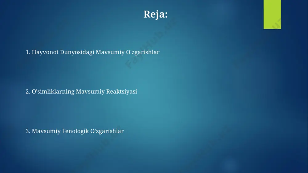 ik o'zgarishlarning ekologik ahamiyati o'simliklarning gullaydigan va meva berish davrlari o'rtasidagi nomuvofiqlik, hasharotlar polenizatsiyasi va oziq-ovqat zanjiri buzilishlarini keltirib chiqarib, bioxilma-xillikni 15% ga kamaytirishi mumkin. fenologik o'zgarishlar, o'simliklarning 30% gacha unumdorligini ta'minlaydigan fotosintez jarayoniga bevosita ta'sir ko'rsatib, yillik hosil miqdorini aniqlaydi. iqlim o'zgarishi va fenologik o'zgarishlar iqlim o'zgarishi tufayli o'zbekistonda bahorning boshlanishi o'rtacha 10-15 kun oldinga siljigan va kuzgi barg to'kilishi 7-10 kun kechikkan, bu fenologik kalendarga sezilarli ta'sir ko'rsatmoqda. o'simliklarning fenologik fazalari, masalan, gul ochish va meva berish davrlari, harorat o'zgarishlariga juda sezgir bo'lib, 2°c dan yuqori harorat o'zgarishi 10-15 kunlik siljishga olib kelishi mumkin. fenologik o'zgarishlarni bashorat qilish fenologik o'zgarishlarni bashorat qilishda, sun'iy yo'ldosh ma'lumotlaridan foydalanish aniqlikni 10-15% ga oshirishi va prognoz muddatini 2-3 haftaga uzaytirishi mumkin. iqlim modellari va mashinaviy o'rganish algoritmlarini birlashtirgan girid prognozlash usullari, an'anaviy usullarga nisbatan 5-10% yuqori aniqlikka erishishi mumkin. e'tiboringiz uchun rahmat @taqdimot_robot image6.jpg image7.jpg image8.jpg image9.jpg image10.jpg image11.jpg image12.jpg image2.png image3.png …