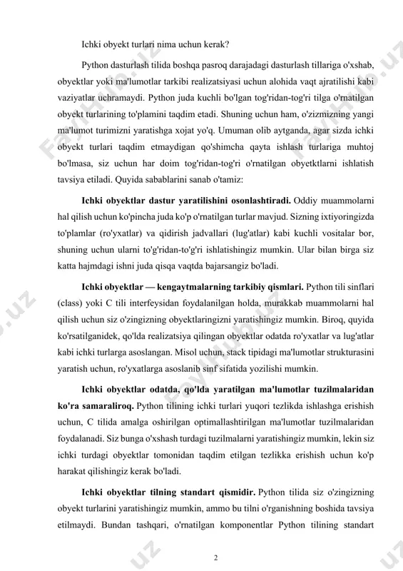 rni hal qilish uchun ko'pincha juda ko'p o'rnatilgan turlar mavjud. sizning ixtiyoringizda to'plamlar (ro'yxatlar) va qidirish jadvallari (lug'atlar) kabi kuchli vositalar bor, shuning uchun ularni to'g'ridan-to'g'ri ishlatishingiz mumkin. ular bilan birga siz katta hajmdagi ishni juda qisqa vaqtda bajarsangiz bo'ladi. ichki obyektlar — kengaytmalarning tarkibiy qismlari. python tili sinflari (class) yoki c tili interfeysidan foydalanilgan holda, murakkab muammolarni hal qilish uchun siz o'zingizning obyektlaringizni yaratishingiz mumkin. biroq, quyida ko'rsatilganidek, qo'lda realizatsiya qilingan obyektlar odatda ro'yxatlar va lug'atlar kabi ichki turlarga asoslangan. misol uchun, stack tipidagi ma'lumotlar strukturasini yaratish uchun, ro'yxatlarga asoslanib sinf sifatida yozilishi mumkin. ichki obyektlar odatda, qo'lda yaratilgan ma'lumotlar tuzilmalaridan ko'ra samaraliroq. python tilining ichki turlari yuqori tezlikda ishlashga erishish uchun, c tilida amalga oshirilgan optimallashtirilgan ma'lumotlar tuzilmalaridan foydalanadi. siz bunga o'xshash turdagi tuzilmalarni yaratishingiz mumkin, lekin siz ichki turdagi obyektlar tomonidan taqdim etilgan tezlikka erishish uchun ko'p harakat qilishingiz kerak bo'ladi. ichki obyektlar tilning standart qismidir. python …