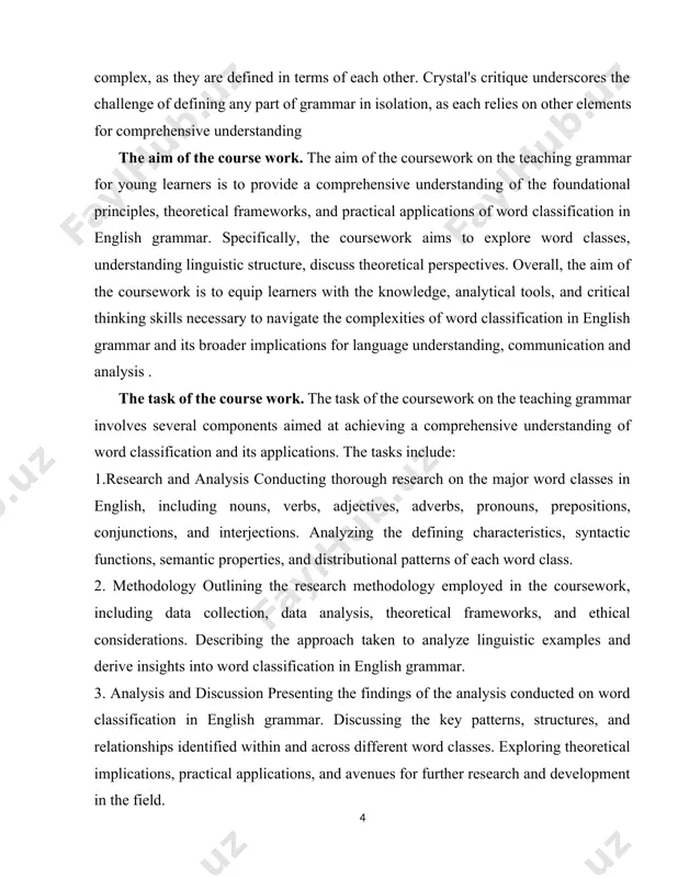 ommunication, and interpretation. the practical value of the course work. the coursework on teaching grammar holds several practical values. the practical value of the coursework lies in its ability to equip learners with the knowledge and skills necessary to navigate the complexities of language structure and use language more effectively in various contexts, from everyday communication to advanced academic and professional pursuits. the structure of the course work the given course work consists of introduction, two chapters, conclusion, the list of used literatures and internet resources. chapter i. definition and role of grammar in language acquistion 1.1. evolution of the grammatical system from the 11th to 18th c. evolution of the grammatical system from the 11th to 18th c. tracing the evolution of english over time.the journey of the english language through history unfolds in three distinct phases: the anglo-saxon era, the medieval or middle english period, and the modern …