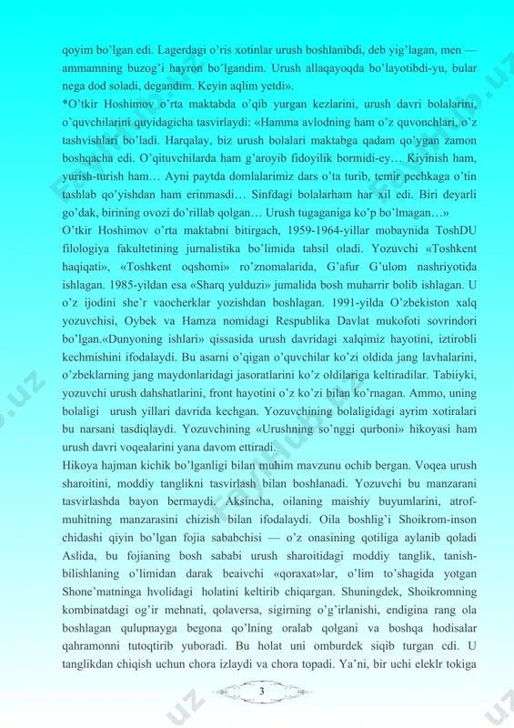 ehnati, qolaversa, sigirning o’g’irlanishi, endigina rang ola boshlagan qulupnayga begona qo’lning oralab qolgani va boshqa hodisalar qahramonni tutoqtirib yuboradi. bu holat uni omburdek siqib turgan cdi. u tanglikdan chiqish uchun chora izlaydi va chora topadi. ya’ni, bir uchi eleklr tokiga ulangan simni qulupnayzorga uloqtiradi. kutilmaganda fojia ro’y beradi. tunda onasi umri xola kasal o’g’li shone’matga sut olish uchun qulupnayni almashtirish niyatida, qulupnayzorga kiradi va tok ulangan simga ilashib halok bo’ladi. aslida, hikoyadagi boshqa qahramonlarning ham ahvoli shoikromnikidan kam emas. oila tashvishlaridan qiynalib ketgan xadicha, «rangi unuqqan chitko’ylak kiyib olgan», kasal o’g’li​ning hasratida iztirob chekkan umri xola, necha haftalab o’rnidan jilmaydigan xasta shone’matning ahvoli ham achinarlidir. 1. yangi mavzuni mustahkamlash «agar urush bo’lmaganda, hikoya qahramonlarining ahvoli qanday bo’lar edi»? 1. shoikrom vijdon azobida qolmas edi. erkin nafas olgan bo’lar edi. 2. shone’mat o’lim changalidan qutulib ketgan bo’lar edi. 3. umri xola farzandlarining rohatini ko’rgan bo’lar edi. 4. xadichani oila tashvishlari bunchalik …