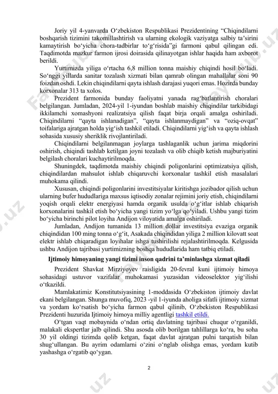oʻlib, 6-yil davomida amalga oshiriladi. bu mablagʻ oʻrmonlar hududini kengaytirish, oʻrmon xoʻjaliklari moddiy-texnik bazasini mustahkamlash, barqaror boshqaruvni joriy etish, ekoturizm infratuzilmasini rivojlantirish kabi maqsadlarga yoʻnaltiriladi. xususan, oʻrmonlarni tiklash va muhofaza qilishda innovatsion boshqaruv tizimi hamda axborot texnologiyalari joriy qilinadi. degradatsiyaga uchragan oʻrmon yerlari tiklanadi. chegaradosh hududlardagi landshaftni tiklash boʻyicha qoʻshni davlatlar bilan hamkorlik rivojlantiriladi. bularning natijasida, jumladan, 175 ming gektar oʻrmonlar va 38 ming gektar yaylovlarni qayta tiklash, 19 ming gektarda agrooʻrmon va 5 ming gektarda sanoatbop oʻrmonlar barpo etish, 63 kilometr eko yoʻlaklar tashkil qilish koʻzda tutilgan. joriy yil 4-yanvarda oʻzbekiston respublikasi prezidentining “chiqindilarni boshqarish tizimini takomillashtirish va ularning ekologik vaziyatga salbiy taʼsirini kamaytirish boʻyicha chora-tadbirlar toʻgʻrisida”gi farmoni qabul qilingan edi. taqdimotda mazkur farmon ijrosi doirasida qilinayotgan ishlar haqida ham axborot berildi. yurtimizda yiliga oʻrtacha 6,8 million tonna maishiy chiqindi hosil boʻladi. soʻnggi yillarda sanitar tozalash xizmati bilan qamrab olingan mahallalar soni 90 foizdan oshdi. lekin chiqindilarni qayta ishlash …