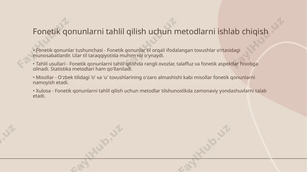 jlanish bilan bog'liq. bu, o'z navbatida, tilning boyligini ko'rsatadi. o'zbek shevalarining fonetik strukturasi • fonetik xususiyatlar - o'zbek shevalarining fonetik strukturasida tovushlar va ularning talaffuzdagi farqlari muhim o'rin tutadi. • vokal sistema - o'zbek shevalarida vokal tovushlar va ularning uzunligi o'zgarishi fonetik strukturasiga ta'sir etadi. dialektologiya fanida fonetik qonunlarning roli • fonetik qonunlar haqida - fonetik qonunlar tilning ovozlar sistemasidagi o'zgarishlarni tushuntiradi. ular mintaqalarning talaffuz xususiyatlarini belgilaydi. • dialektlarning shakllanishi - dialektlar fonetik qonunlar asosida shakllanadi. har bir mintaqaning o'ziga xos talaffuz uslubi bor. • misollar - masalan, ayrim hududlarda 'o' tovushi 'u'ga aylanishi mumkin. bu differensatsiyaning bir ko'rinishi. • umumiy ahamiyati - fonetik qonunlar dialektologiyada muhim rol o'ynaydi. ular insonlararo kommunikatsiyani yaxshilaydi. o'zbek shevalarining fonetik qonunlarini taqqoslash • fonetik o'zgarishlar - o'zbek shevalarida fonetik o'zgarishlar regionga qarab farqlanadi. masalan, janubiy shevalarda unli tovushlarning qisqarishi ko'proq uchraydi. • uchuvchi unli tovushlar - kichik shevalarda uchuvchi unli tovushlar qattiq ovozlardan oldin …
