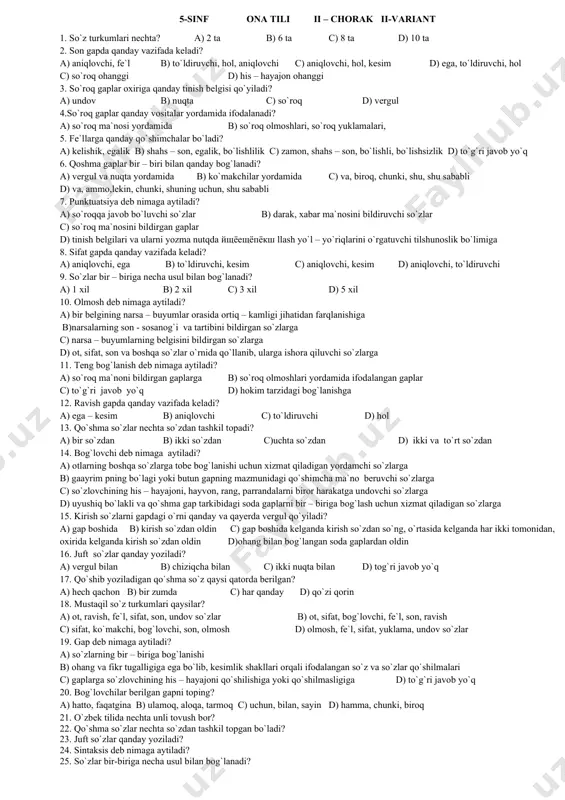 ozma nutqda йщёещёпёкш llash yo`l – yo`riqlarini o`rgatuvchi tilshunoslik bo`limiga 3. so`zlar bir – biriga necha usul bilan bog`lanadi? a) 1 xil b) 2 xil c) 3 xil d) 5 xil 4. teng bog`lanish deb nimaga aytiladi? a) so`roq ma`noni bildirgan gaplarga b) so`roq olmoshlari yordamida ifodalangan gaplar c) to`g`ri javob yo`q d) hokim tarzidagi bog`lanishga 5.so`roq gaplar qanday vositalar yordamida ifodalanadi? a) so`roq ma`nosi yordamida b) so`roq olmoshlari, so`roq yuklamalari, c) so`roq ohanggi d) his – hayajon ohanggi 6. so`roq gaplar oxiriga qanday tinish belgisi qo`yiladi? a) undov b) nuqta c) so`roq d) vergul 7. juft so`zlar qanday yoziladi? a) vergul bilan b) chiziqcha bilan c) ikki nuqta bilan d) tog`ri javob yo`q 8. qo`shma so`zlar nechta so`zdan tashkil topadi? a) bir so`zdan b) ikki so`zdan c)uchta so`zdan d) ikki va to`rt so`zdan 9. qoshma gaplar bir – biri bilan qanday bog`lanadi? a) vergul va nuqta yordamida b) ko`makchilar …